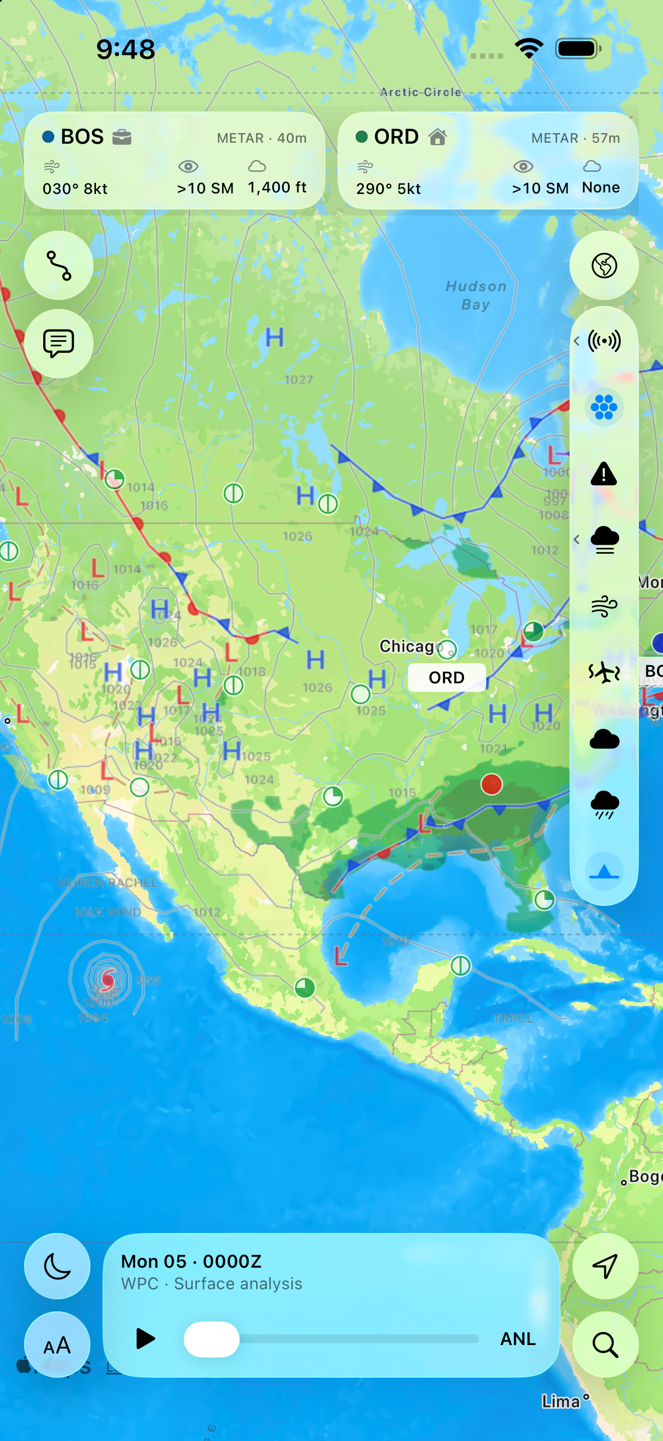 Puffin WX surface analysis map with fronts and pressure features.