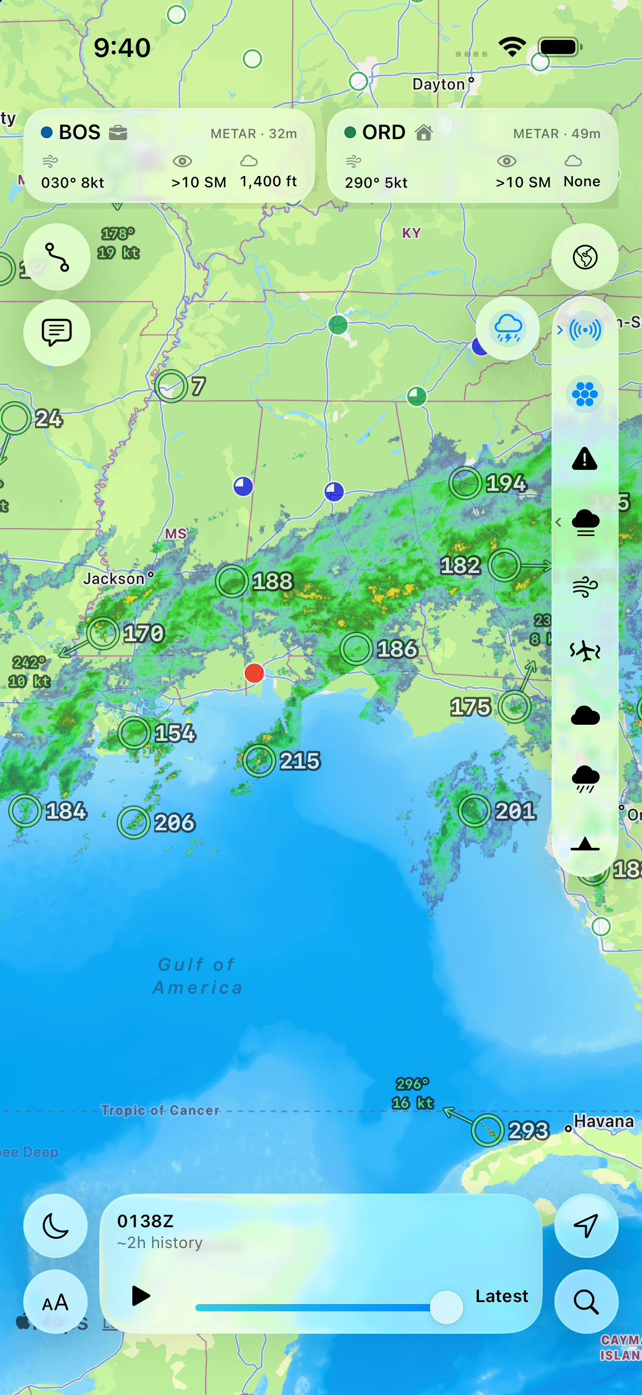 Puffin WX portrait radar map with storm cells and weather controls