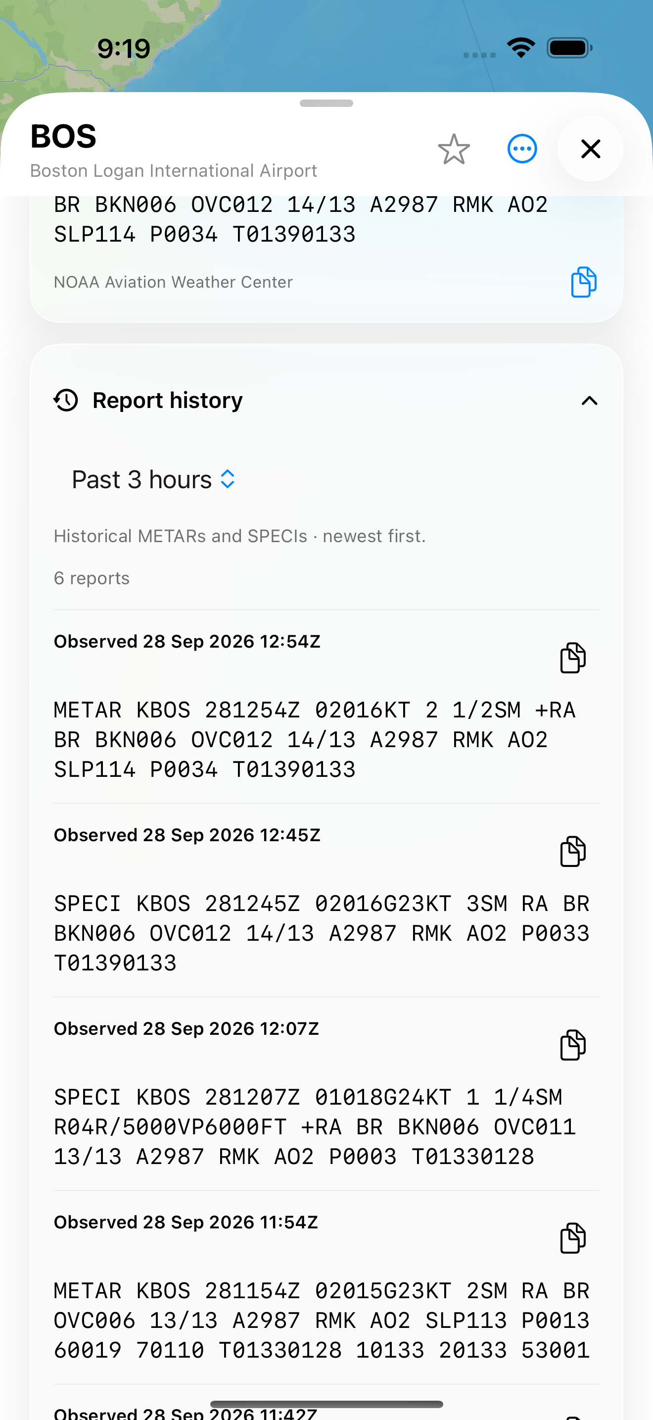Boston METAR history expanded to a three-hour lookback on the airport sheet.