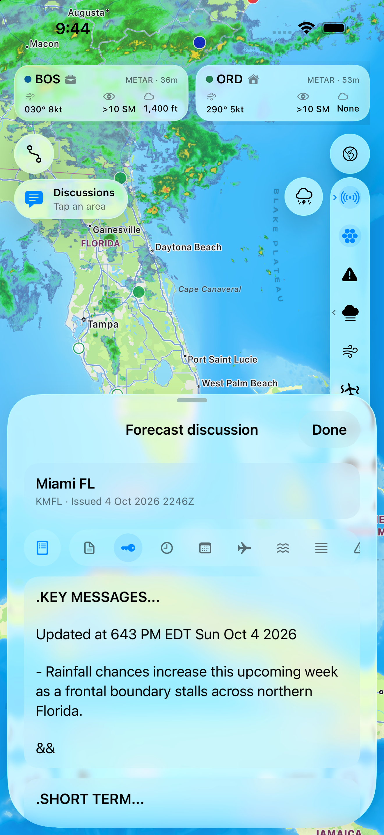 Puffin WX map and Area Forecast Discussion pull-up sheet.