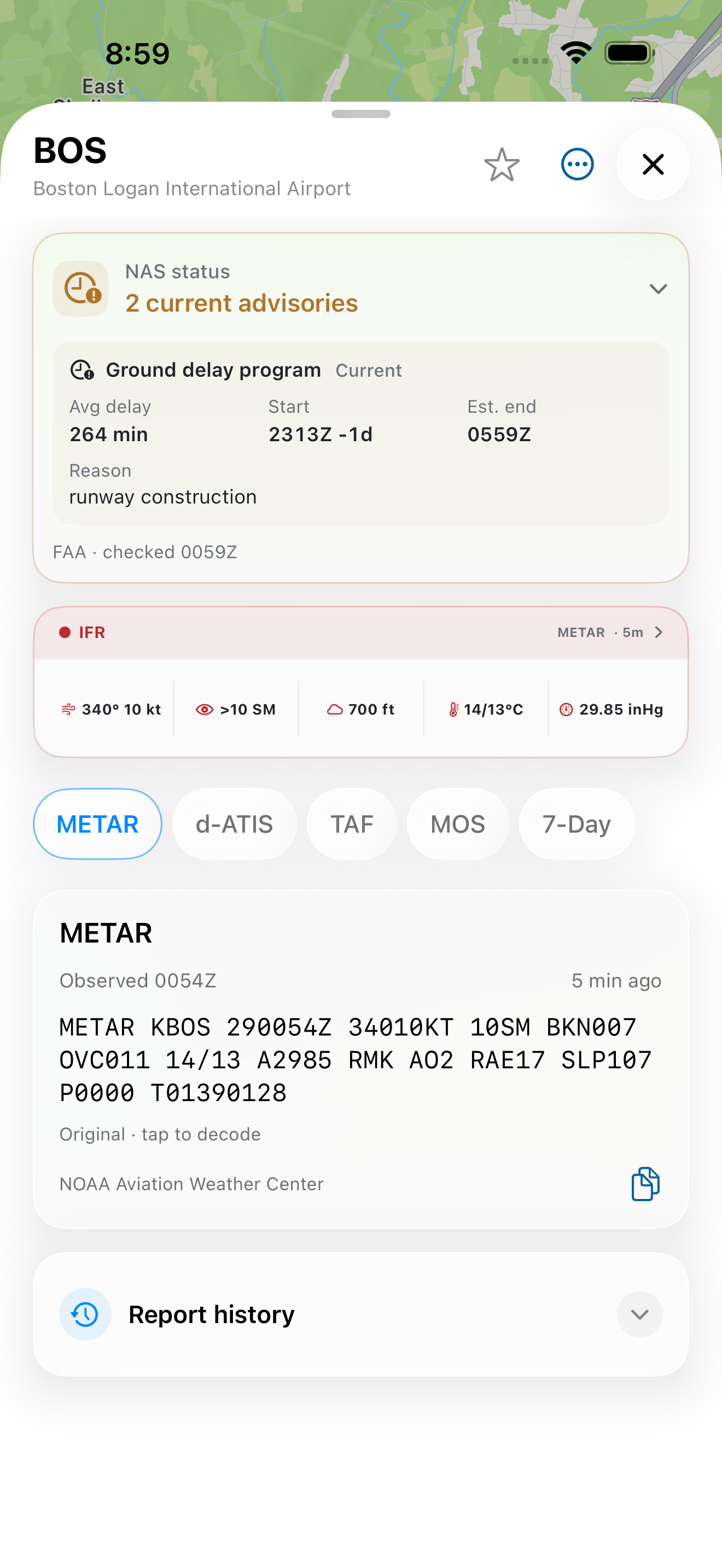BOS airport sheet with an FAA NAS advisory panel, observed METAR, and collapsed report history.