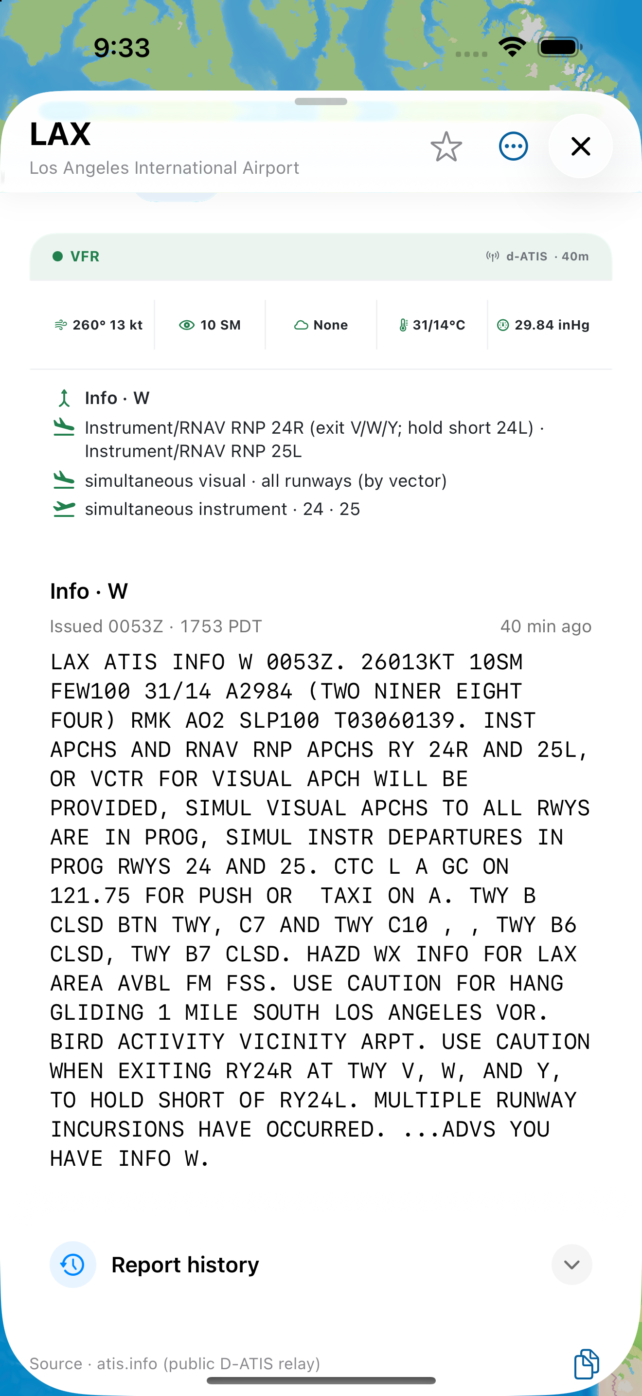 LAX d-ATIS airport page with information letter, operational summary, full raw message and history control.