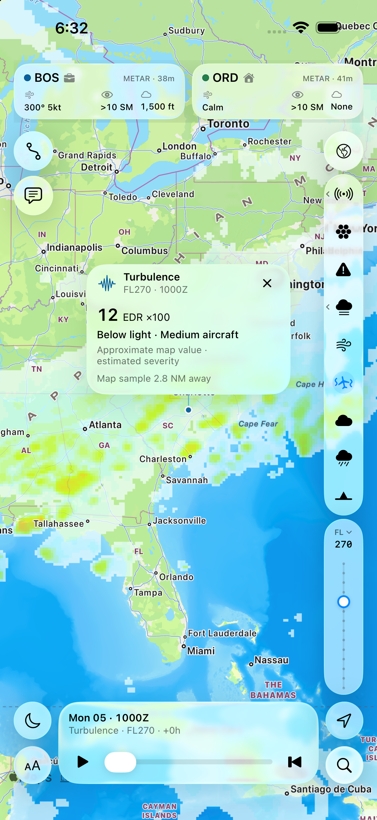 Puffin WX turbulence forecast shown over the map with altitude and time controls.