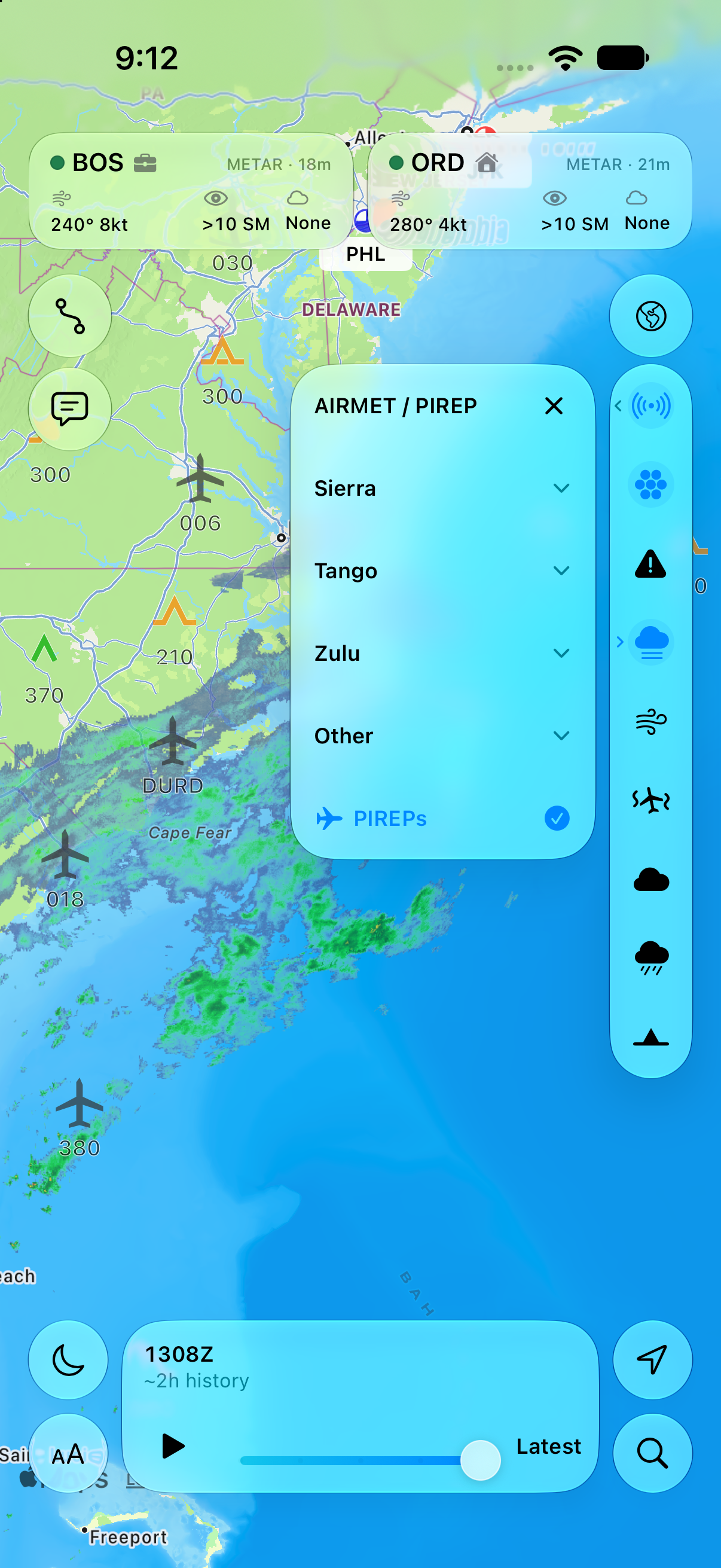 Puffin WX map with the AIRMET and PIREP selection pane open, showing Sierra, Tango, Zulu, Other, and PIREPs.