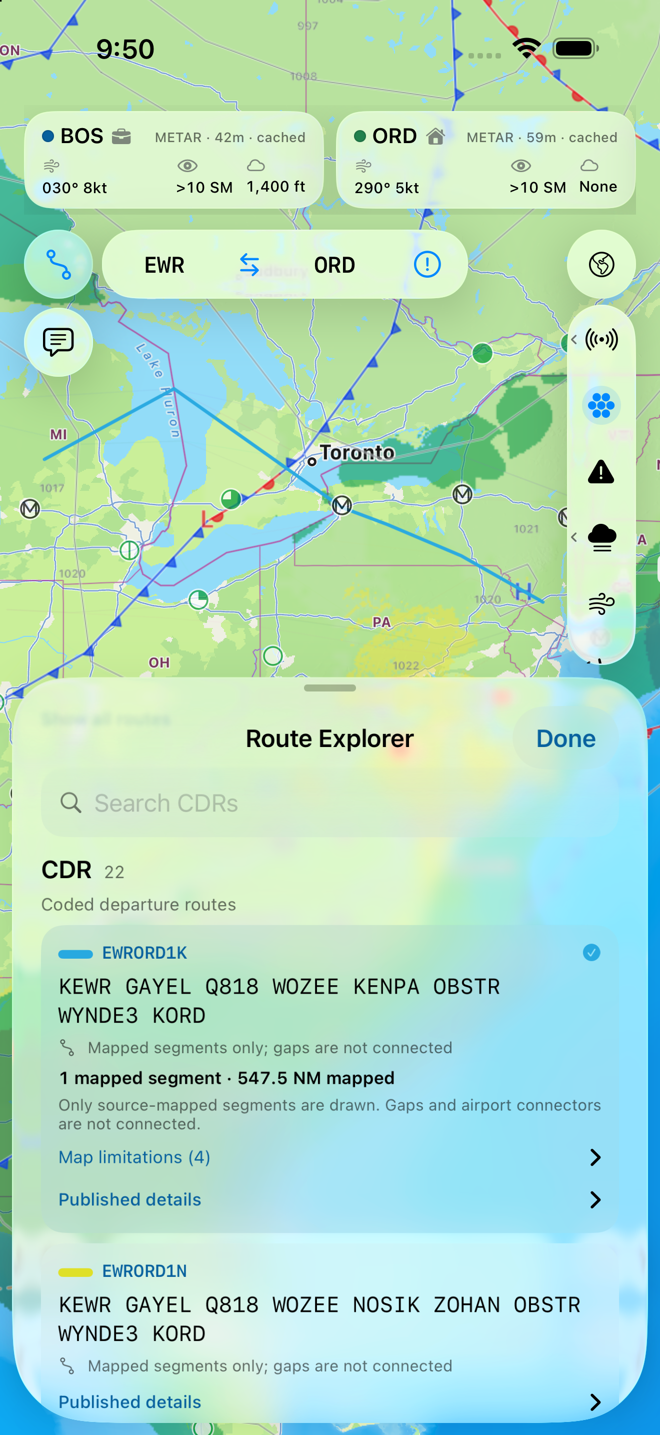 Route Explorer EWR to ORD map with published route results in its pull-up sheet.