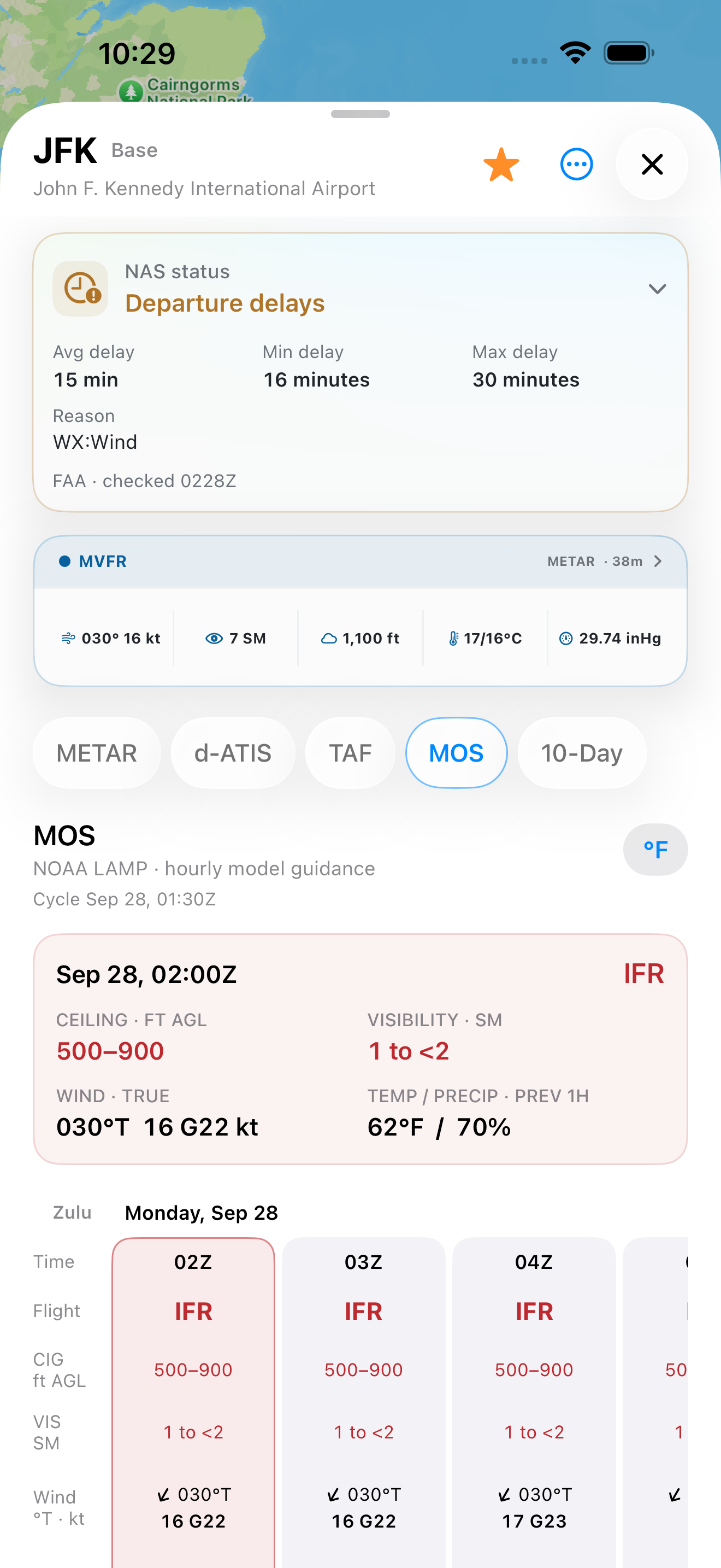 JFK MOS guidance with a selected hourly forecast column.