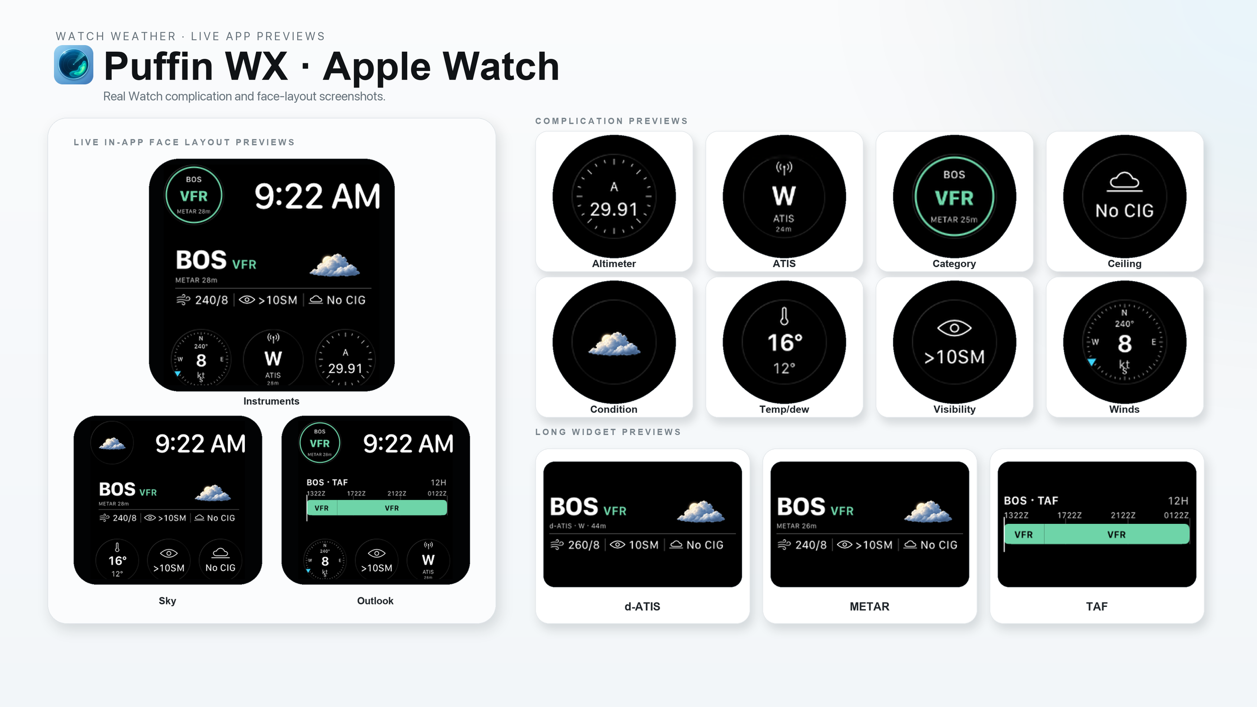 Puffin WX Apple Watch face layout and complication preview collage for BOS.