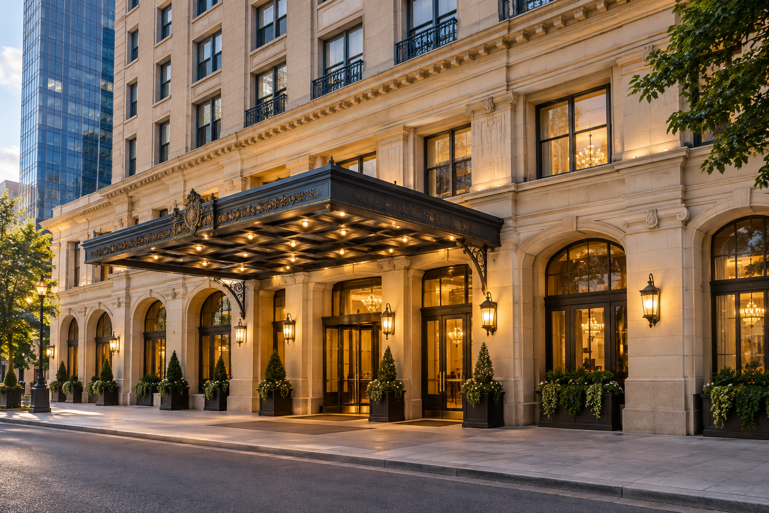 Illustrative hotel exterior with a stone facade and entrance canopy