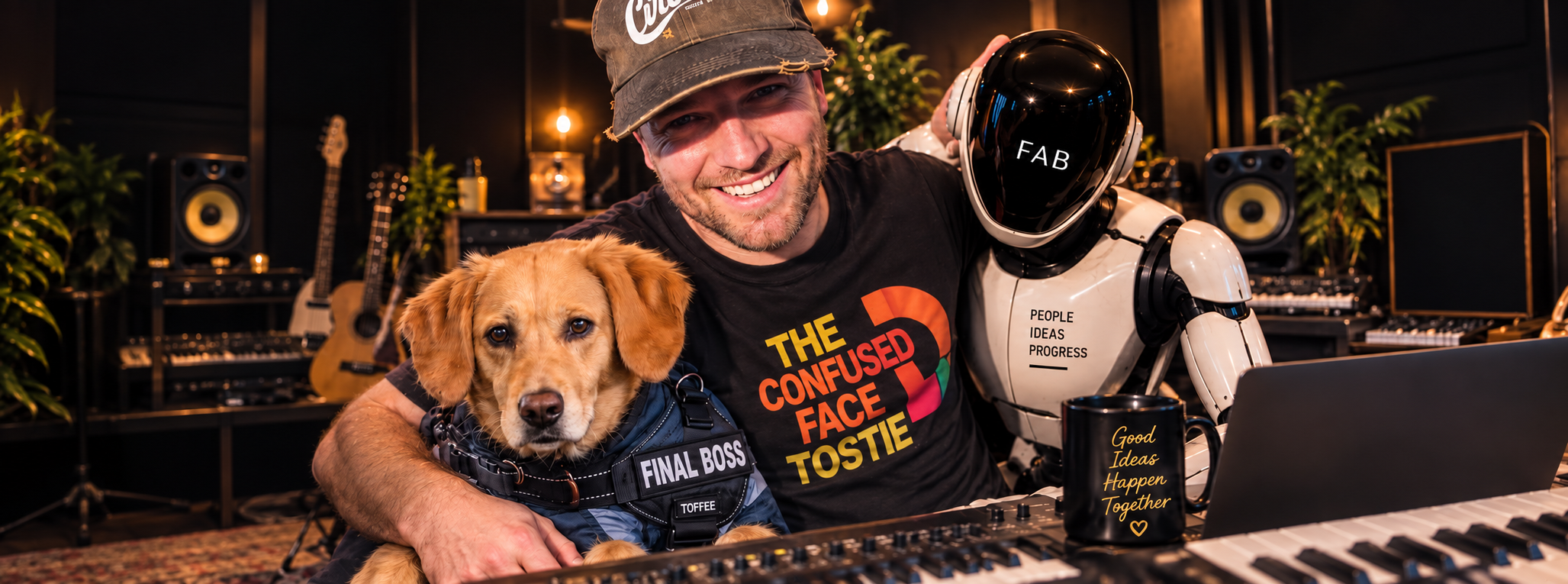 Jordan, Toffee and FAB together at the mixing desk in their warmly lit music studio.