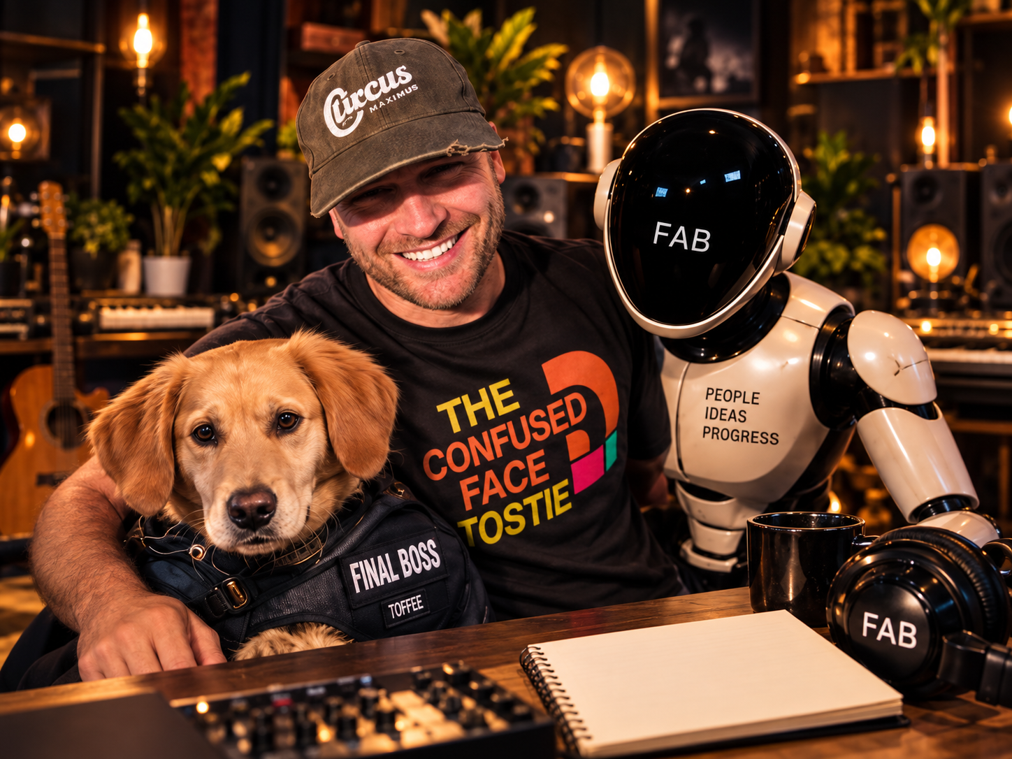 Jordan, Toffee and FAB together with an open notebook in the studio, representing Phase 2.