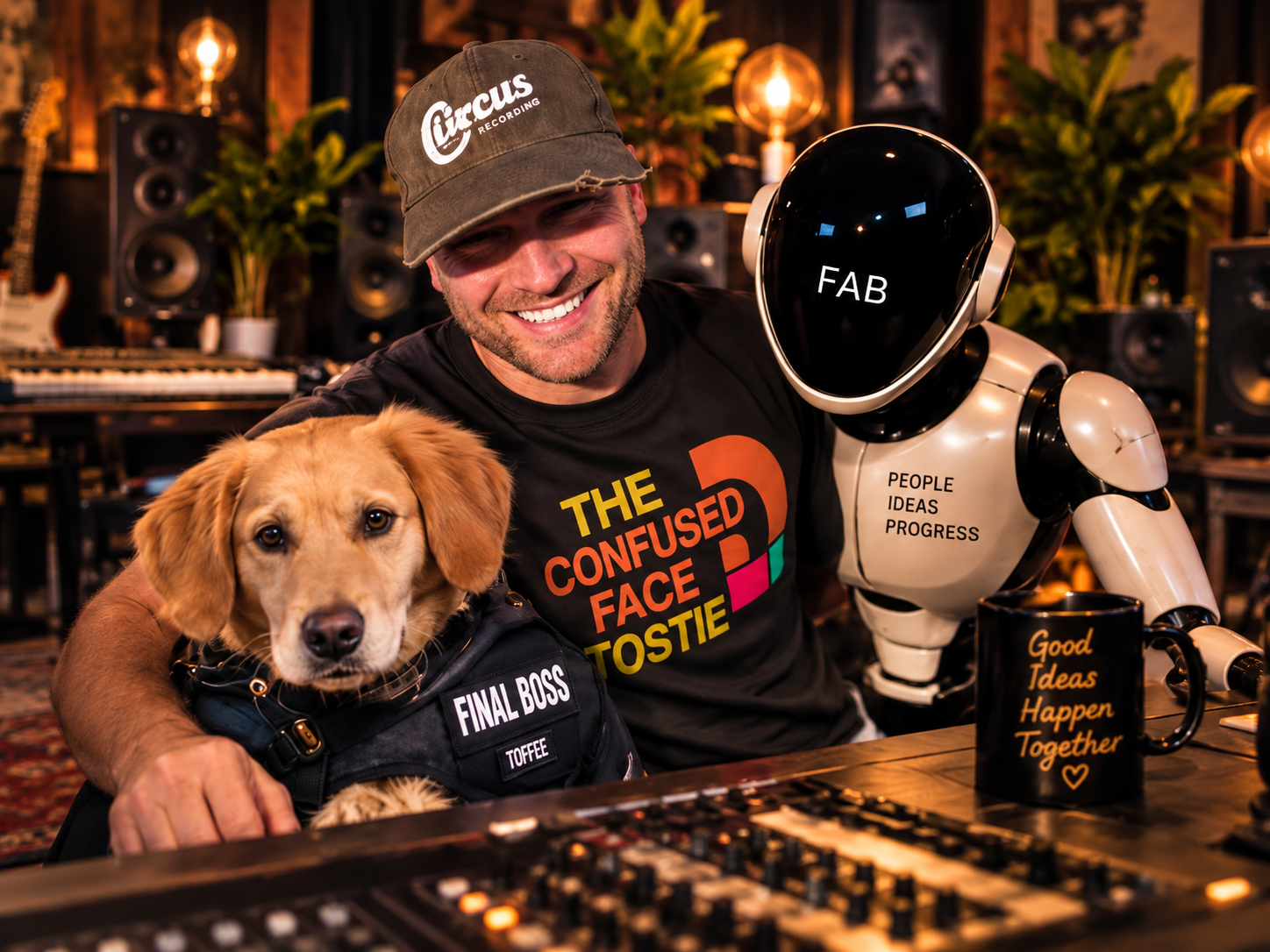 Jordan with Toffee and FAB beside the studio mixing desk, representing Phase 1.