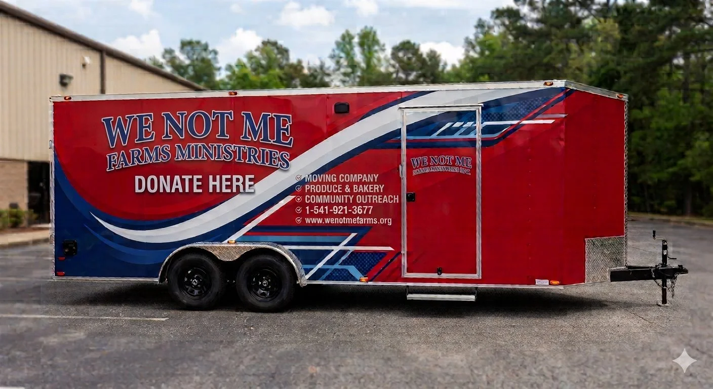 Red-and-blue We Not Me Farms Ministries donation trailer supporting the Store #1 fundraising campaign.