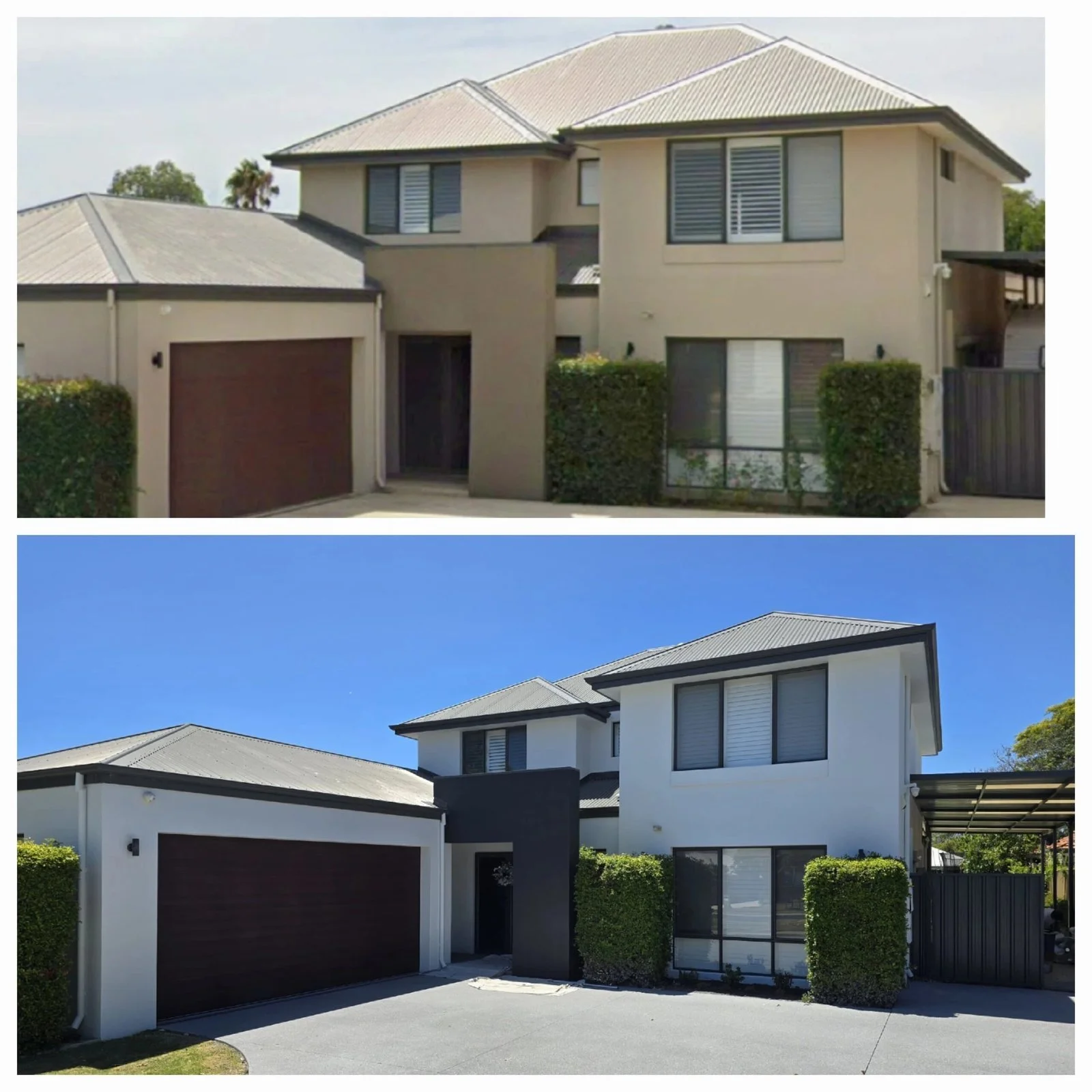 Two-storey home before and after repainting, from beige walls to white with a charcoal entrance