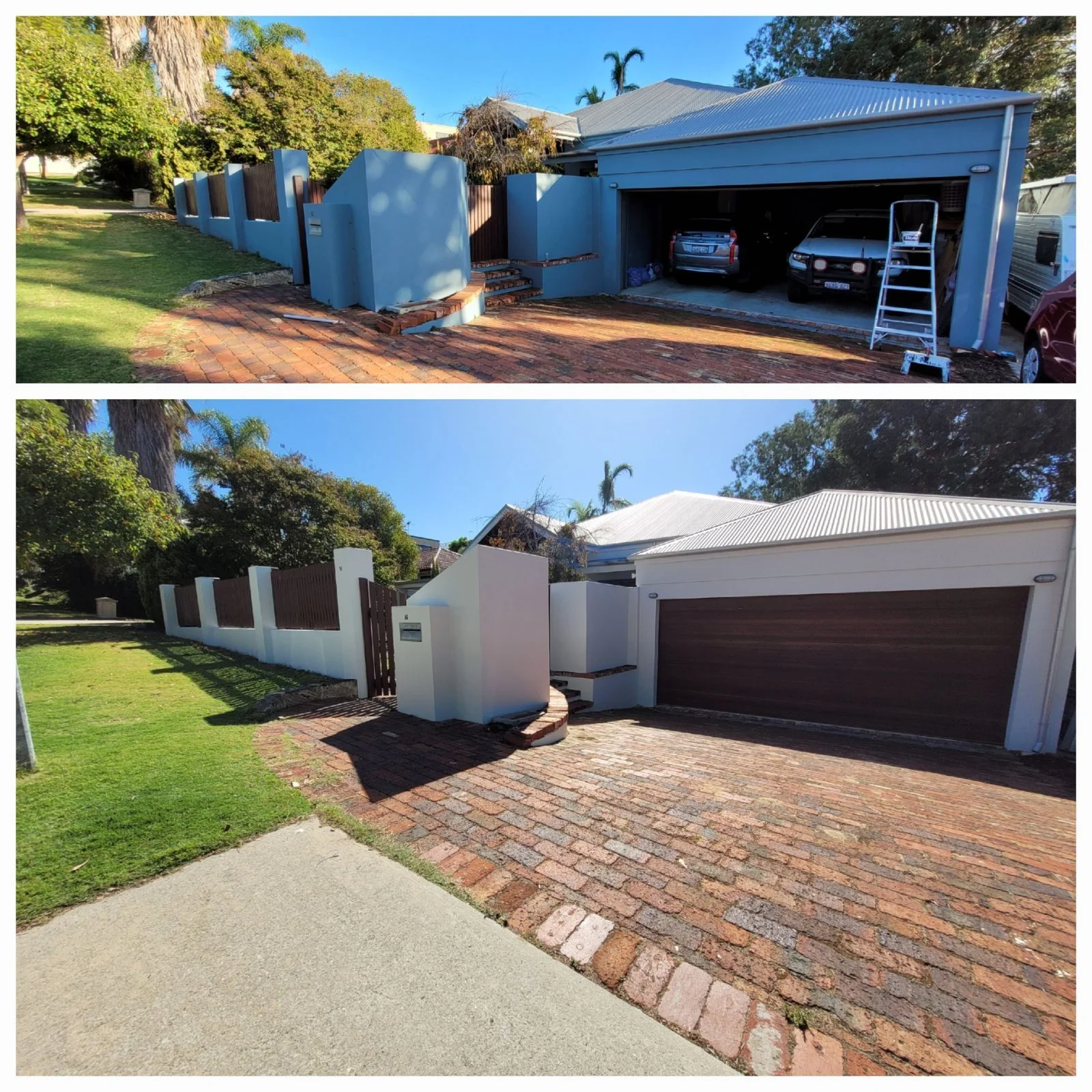 Before and after exterior painting, changing blue walls and boundary pillars to light grey with a dark garage door.