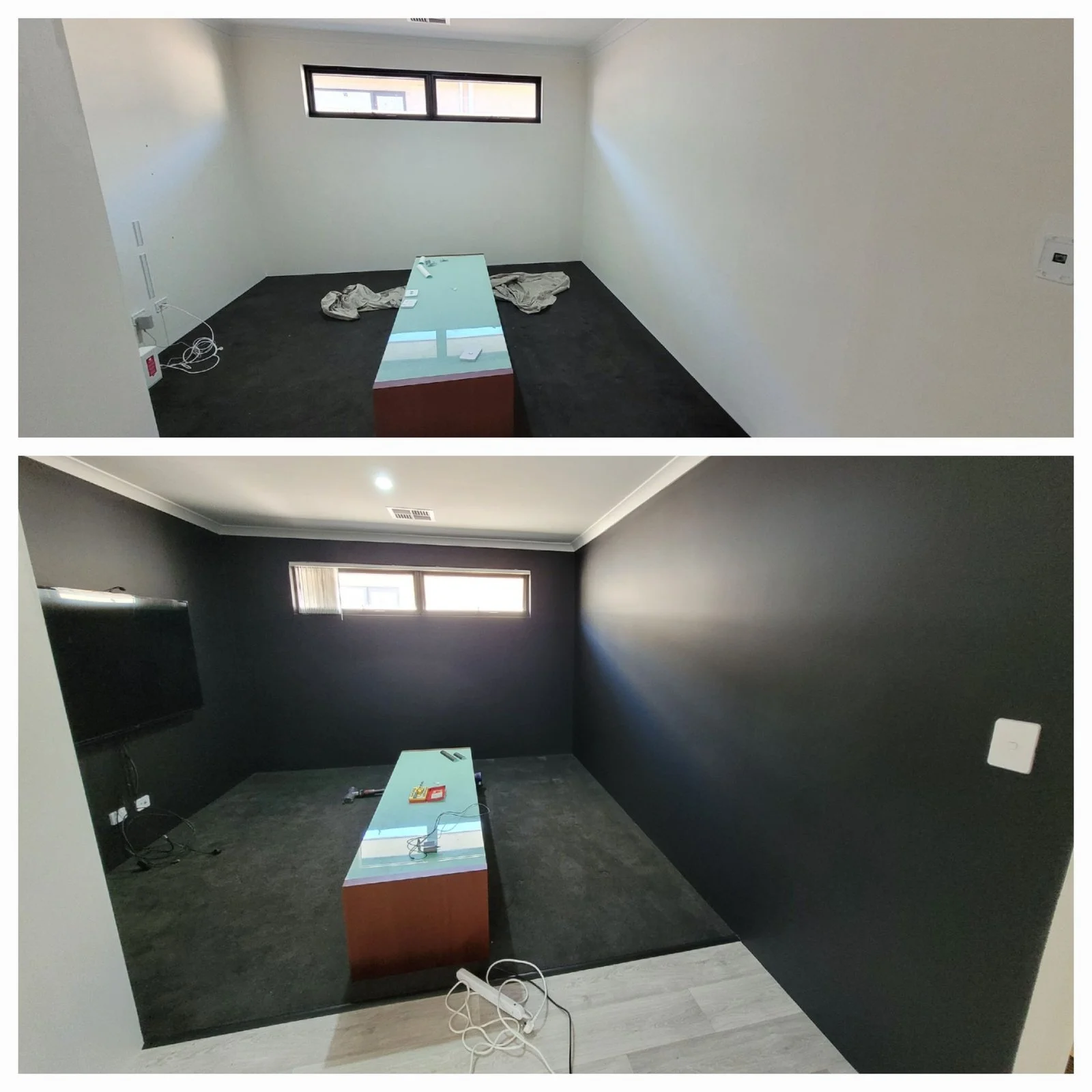 Before and after interior painting, changing light walls to charcoal grey with a white ceiling.