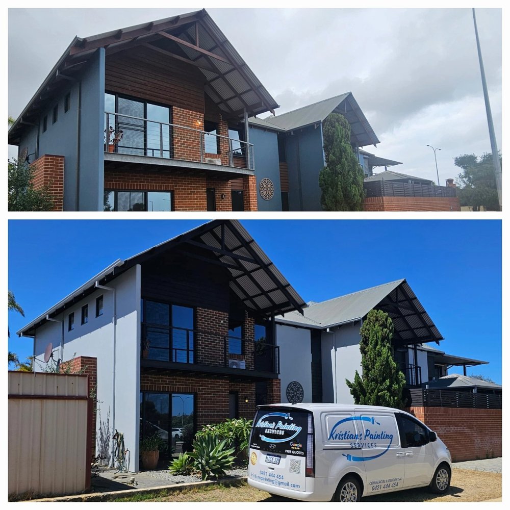 Before and after an exterior repaint by Kristian’s Painting, showing lighter render and dark trim