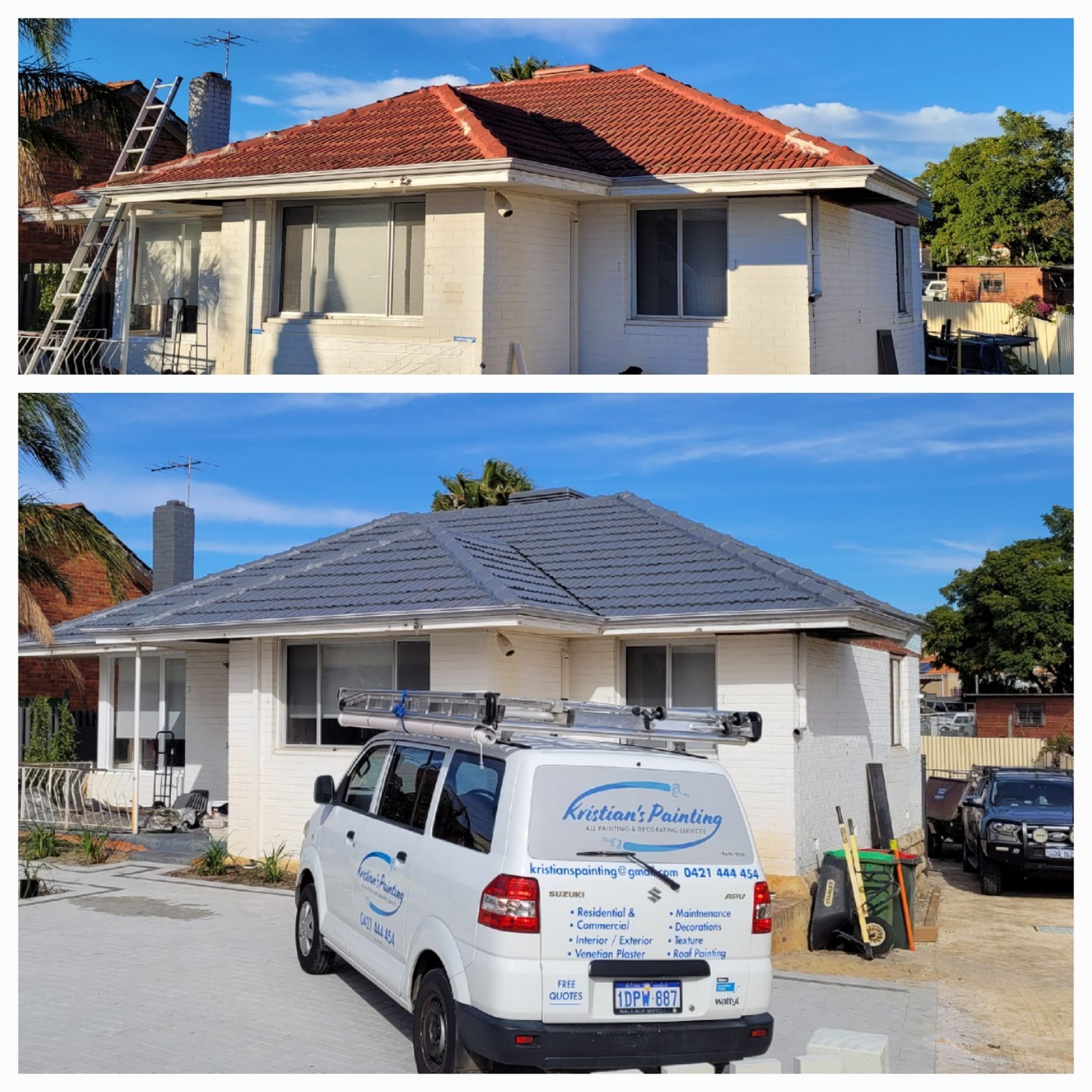 Before and after roof painting, changing red roof tiles to grey above a light-coloured house.