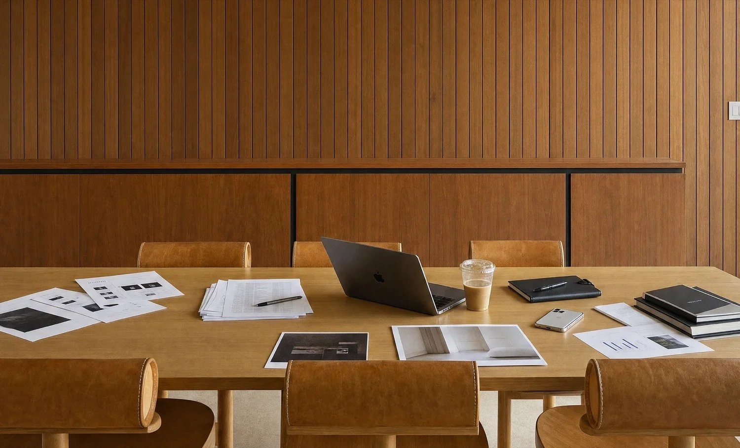 A studio table with layouts, notebooks and a laptop