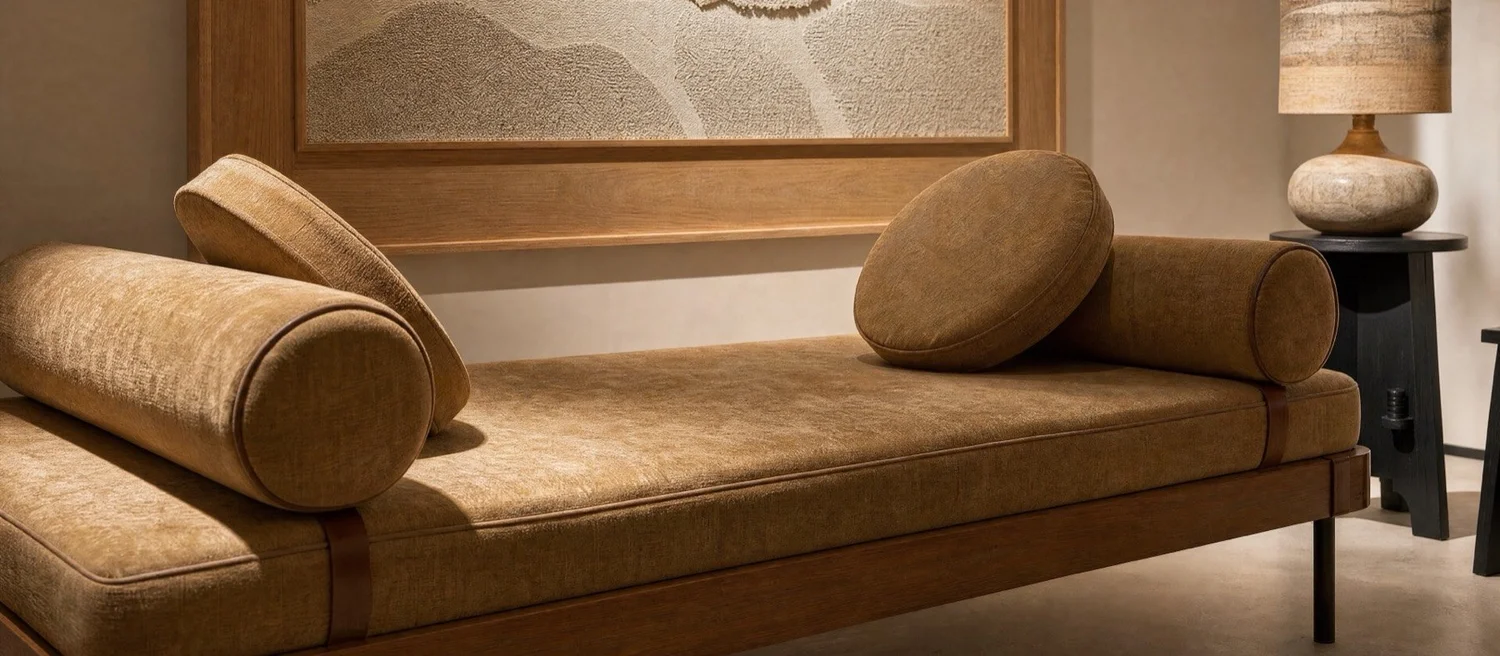 A velvet daybed with bolster cushions beneath a textured artwork, beside a stone lamp
