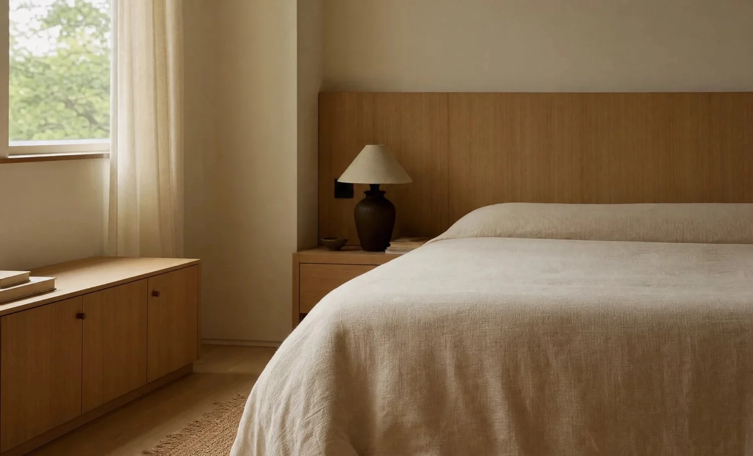 A quiet bedroom with an oak headboard, a linen-covered bed and a stone lamp beside a curtained window