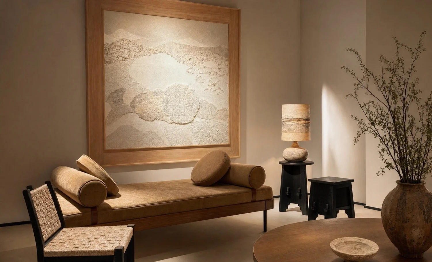 A daybed, woven chair and stone lamp beneath a textured artwork