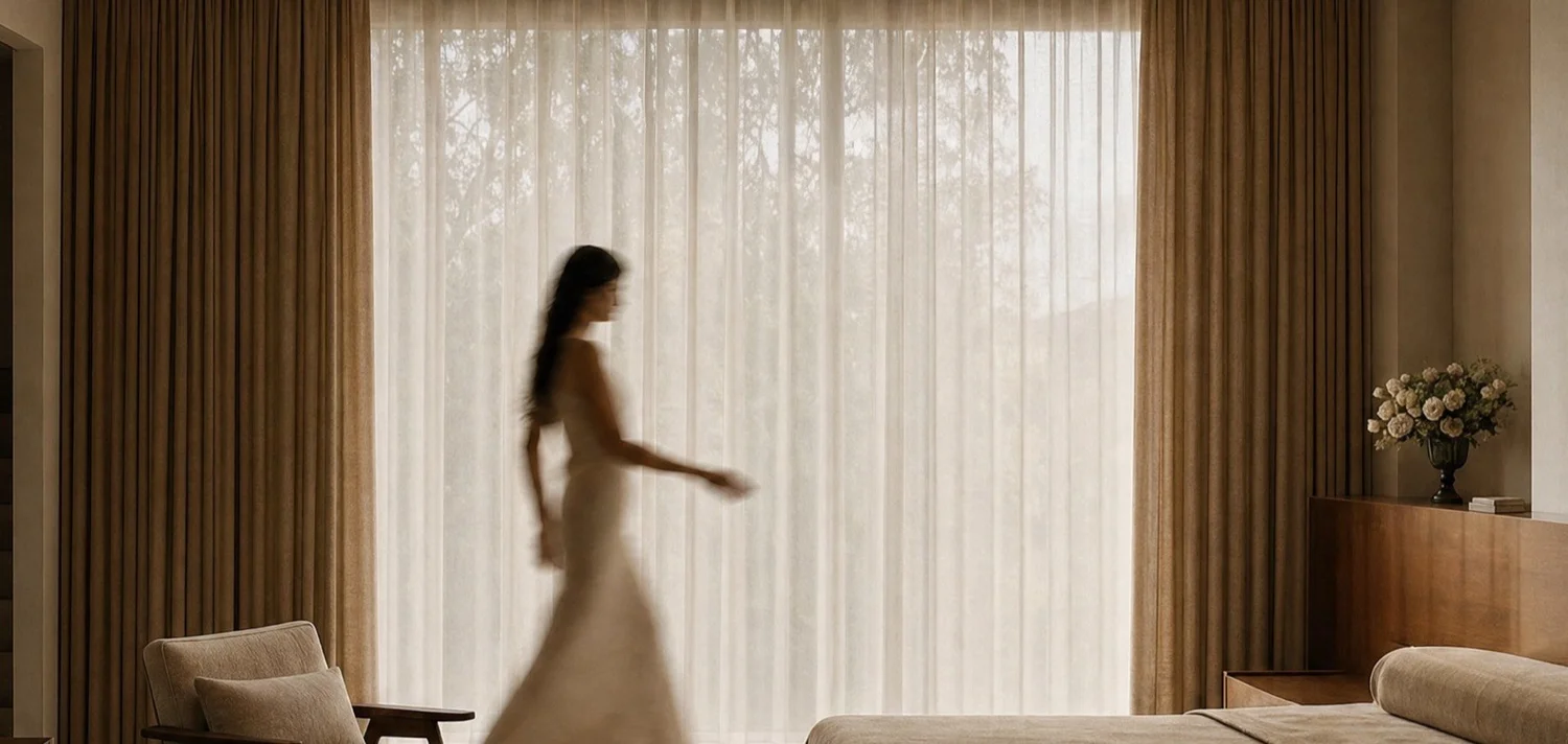 A figure walking past sheer curtains in a warm, quiet bedroom