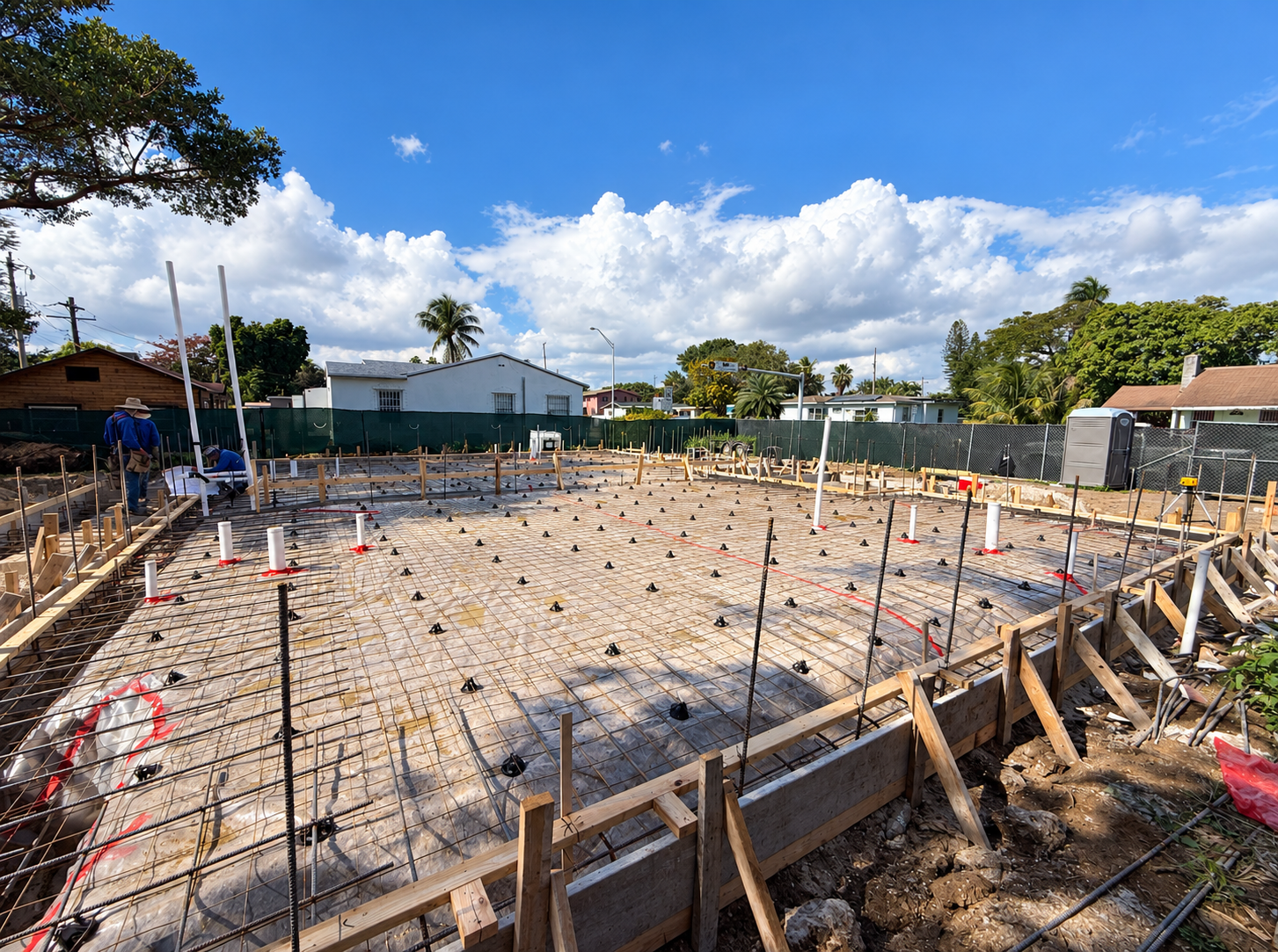 Reinforced concrete slab with rebar mesh and formwork ready for pour on an ARK Group Construction home addition in South Florida