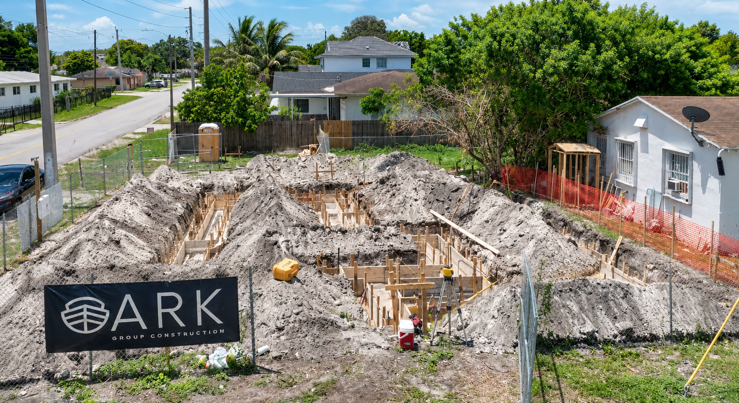Foundation and formwork on an active ARK Group Construction site in South Florida, with the ARK site sign in the foreground