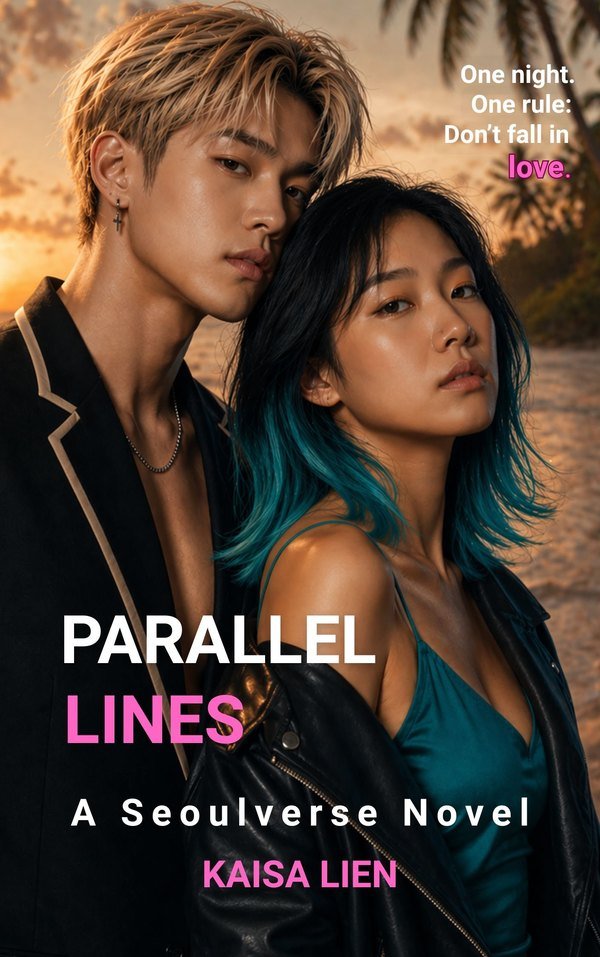 Parallel Lines — Seoulverse romance by Kaisa Lien, HORIZN Book 2, book cover: a couple back to back at the coast at sunset