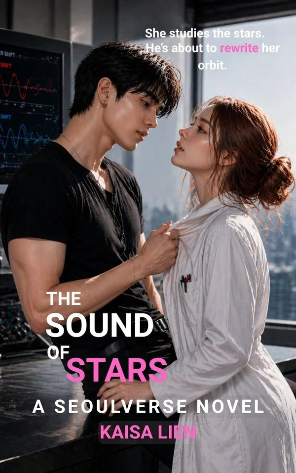 The Sound of Stars — Seoulverse romance by Kaisa Lien, HORIZN Book 3, book cover: two people in a studio lit by screens