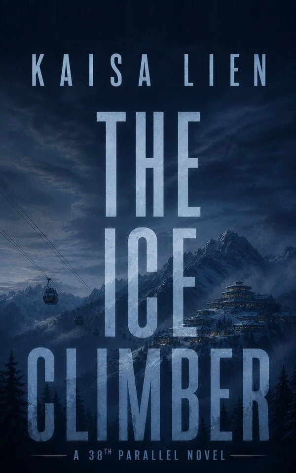 The Ice Climber — 38th Parallel thriller by Kaisa Lien, book cover: a cable car rising over snow-covered mountains at dusk