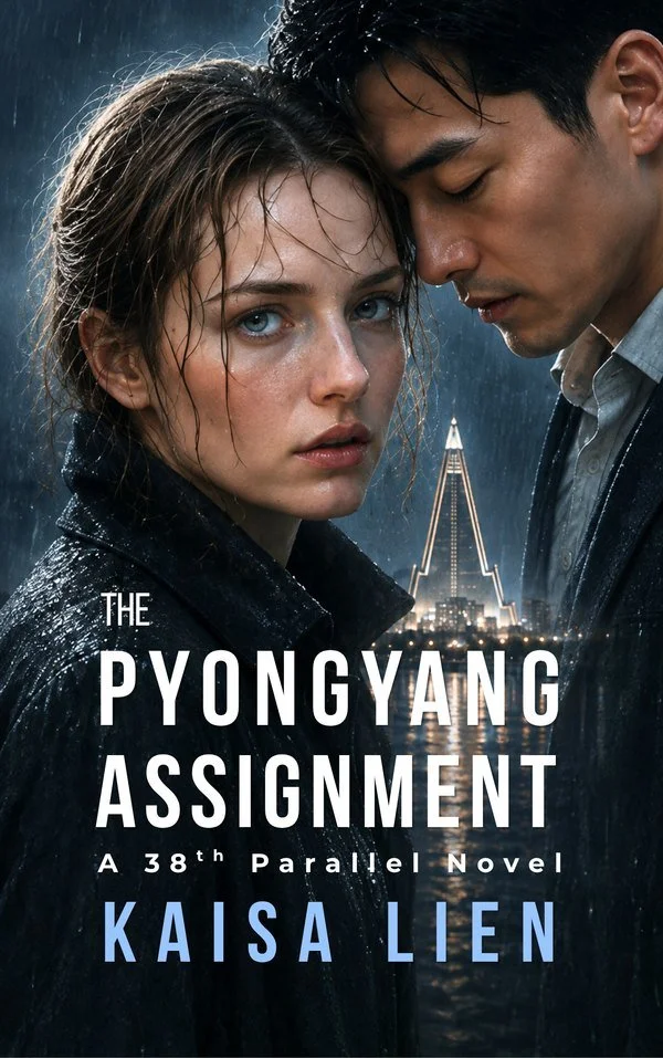 The Pyongyang Assignment — 38th Parallel thriller by Kaisa Lien, book cover: two figures in the rain before a lit city tower