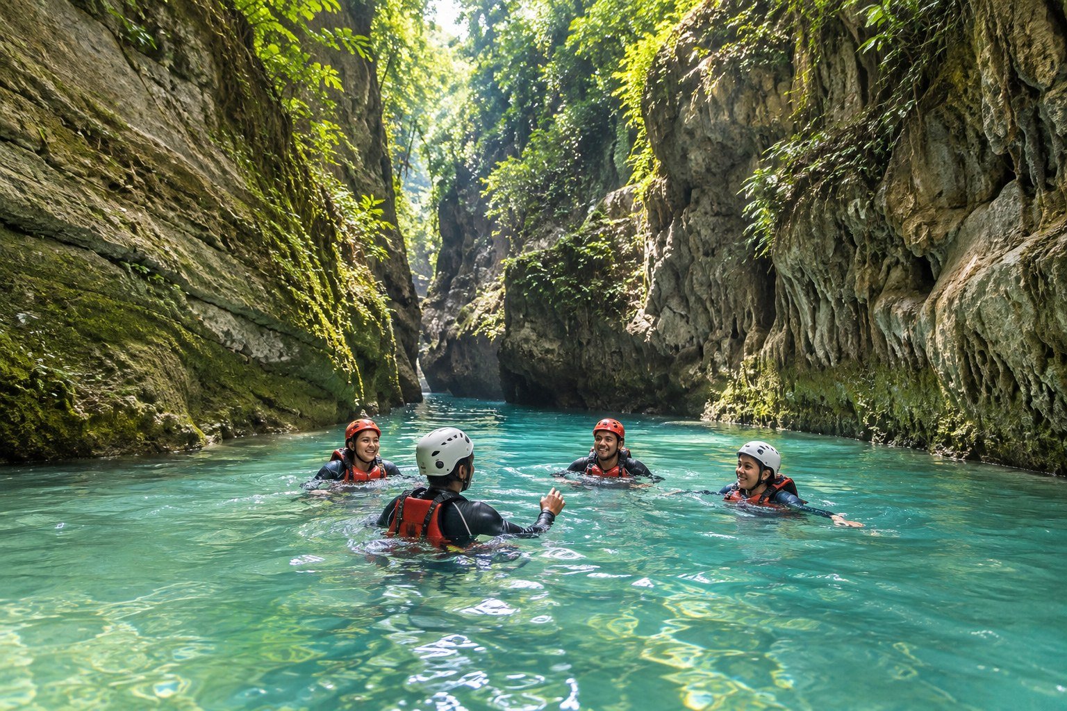 A small group wearing helmets and life jackets in a turquoise canyon pool