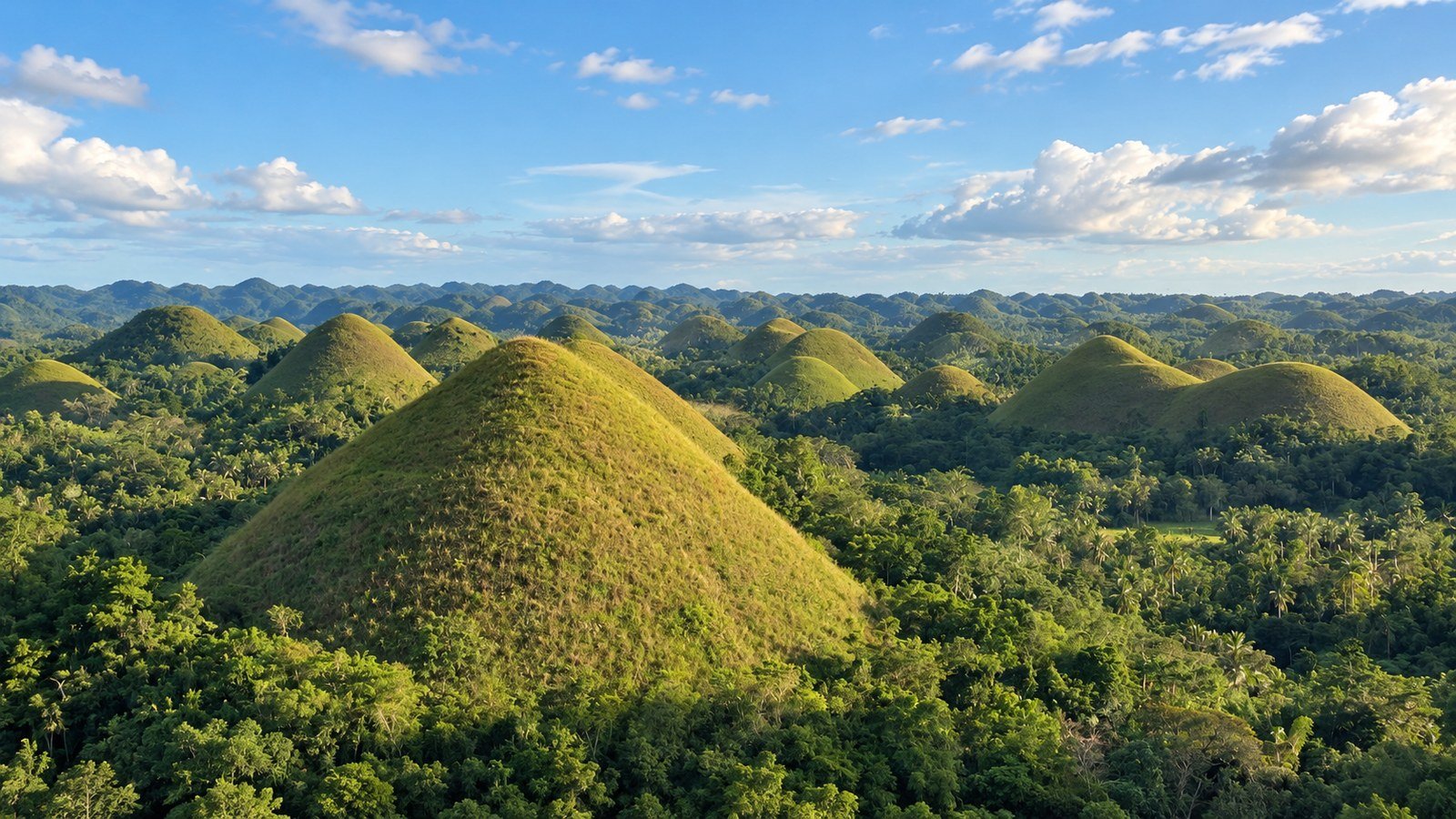Green rounded Chocolate Hills stretching into the distance beneath a blue sky