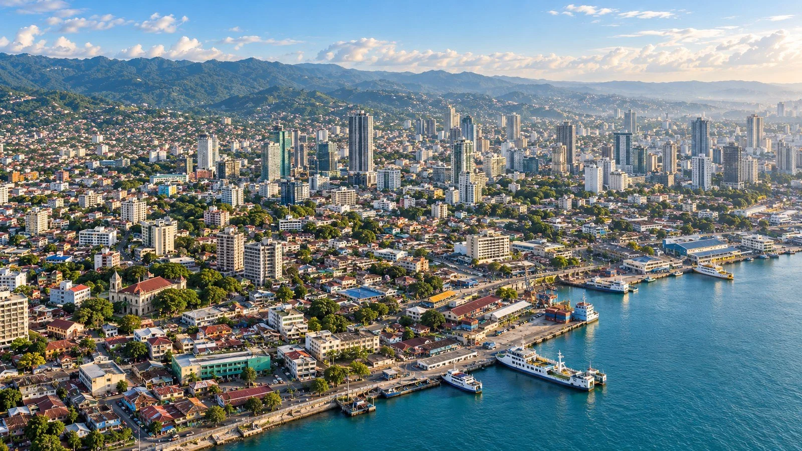Cebu City waterfront, harbour and skyline with green hills in the distance