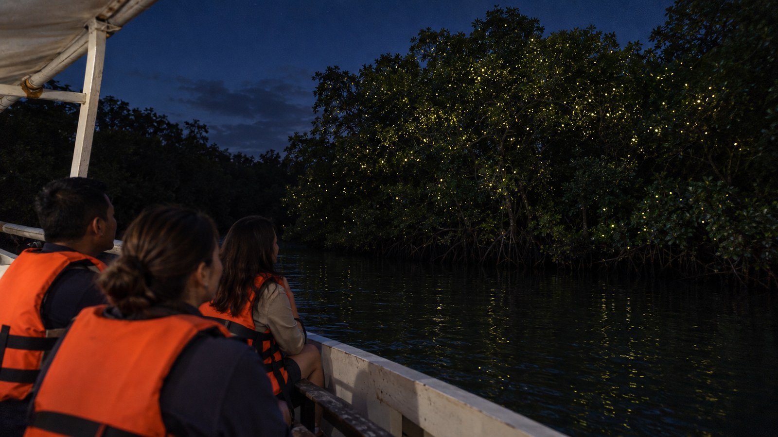 Travelers seated in a boat watching fireflies among riverside trees at dusk