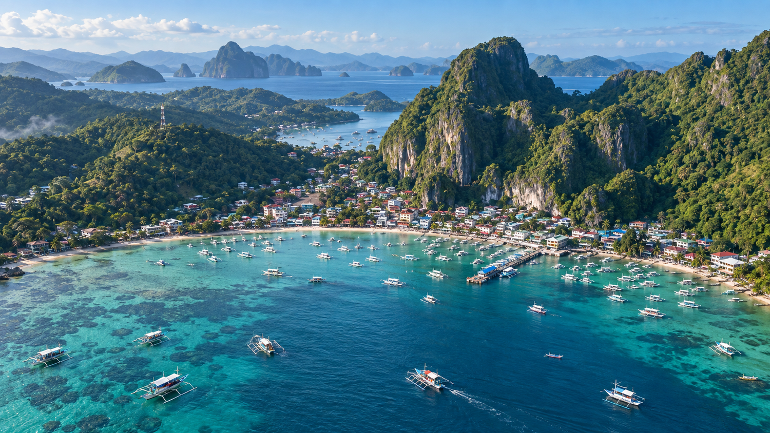 Philippines-inspired aerial coastal scene with turquoise water, outrigger boats, a seaside town, and green limestone islands