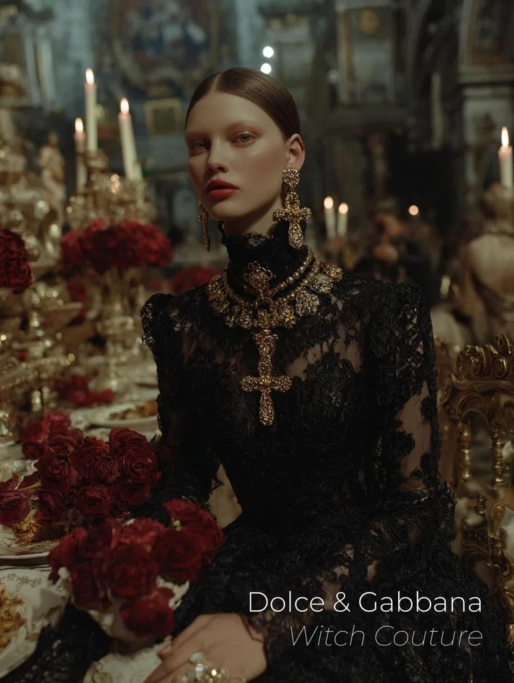 Black lace and gold cross jewelry beside candlelit roses