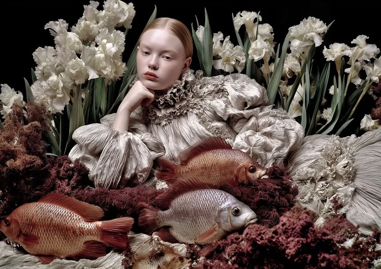 Sculptural silver ruffles, white flowers and fish
