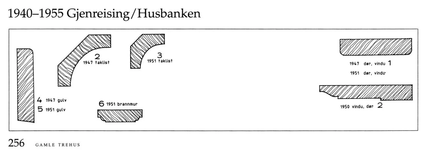 Plansje med listeprofiler, Gjenreising / Husbanken 1940–1955, Gamle trehus side 256