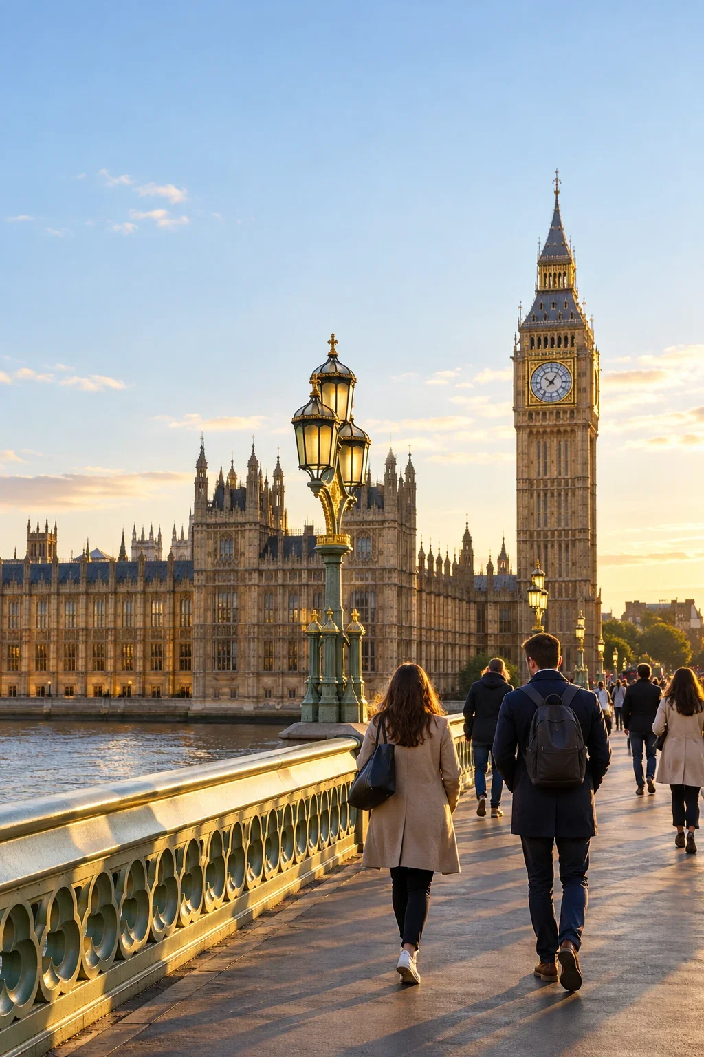 AI-generated illustration of Westminster and people walking in London; not a CONVIVIUM event.