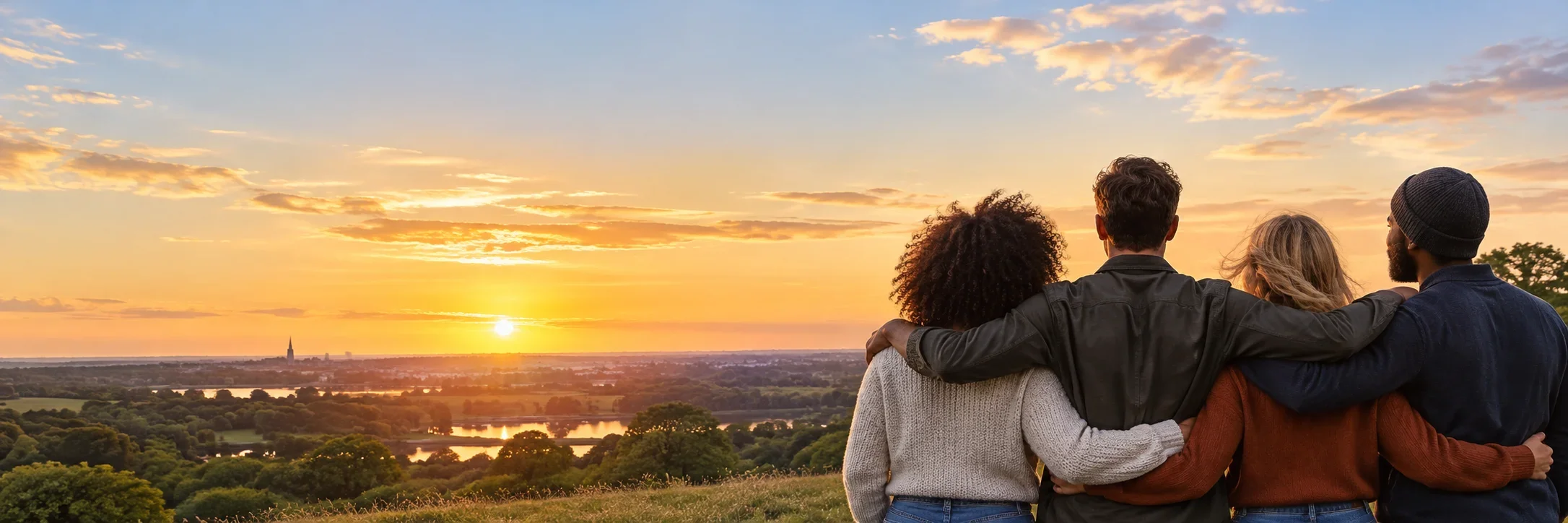 AI-generated illustration of four adults looking towards a sunset; not a CONVIVIUM event.