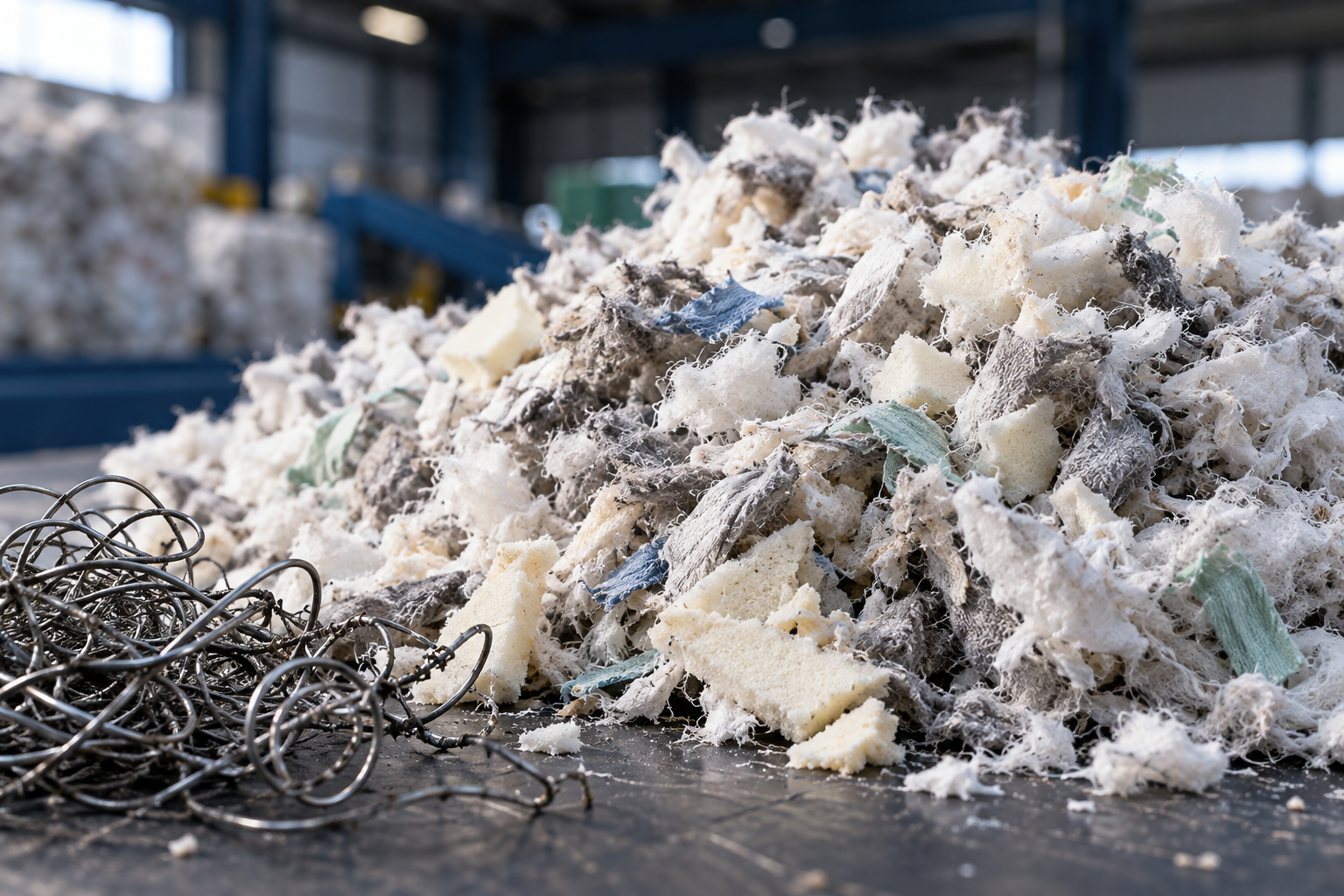 Illustrative shredded mattress fluff and steel
