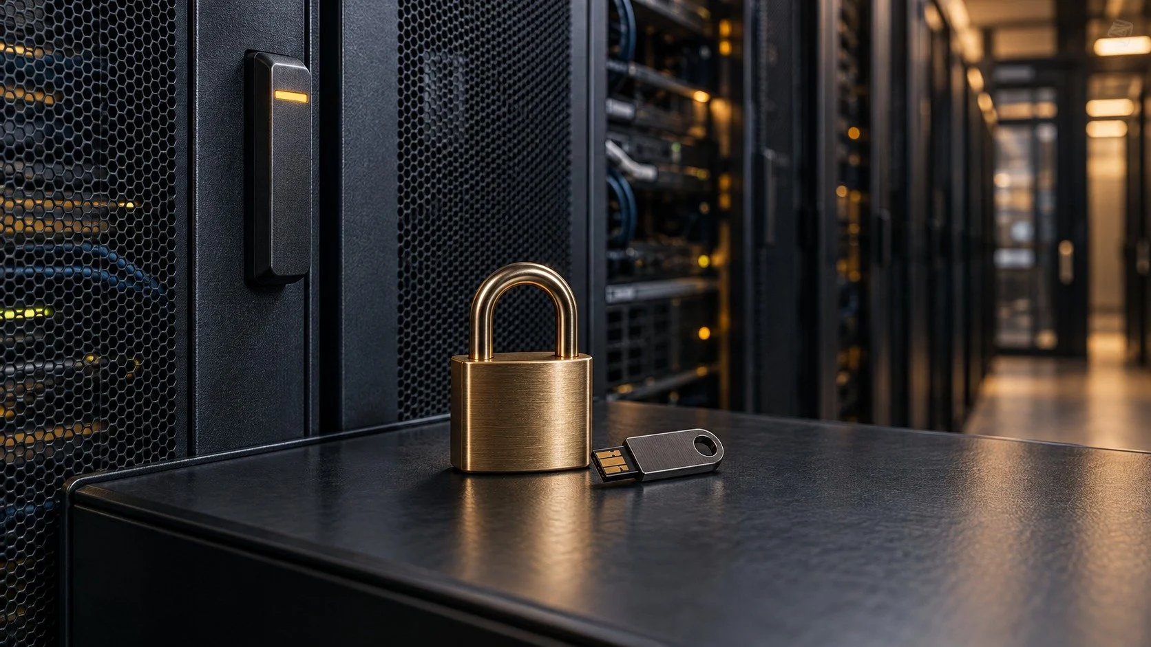 Illustrative brass lock and security key beside enterprise server infrastructure