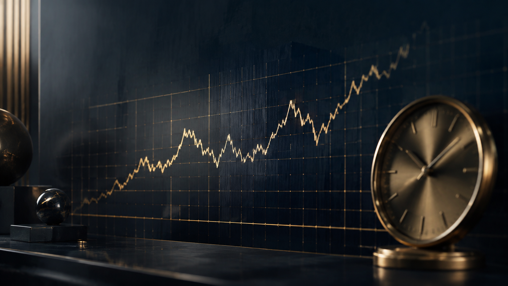 Illustrative gold market line through cycles of volatility beside a brass clock