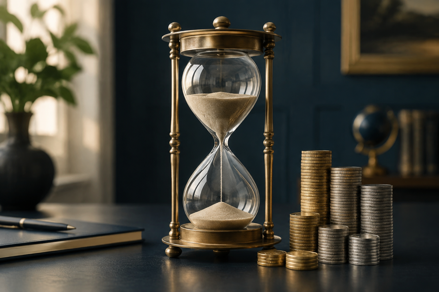 Hourglass beside stacks of coins representing time and investing