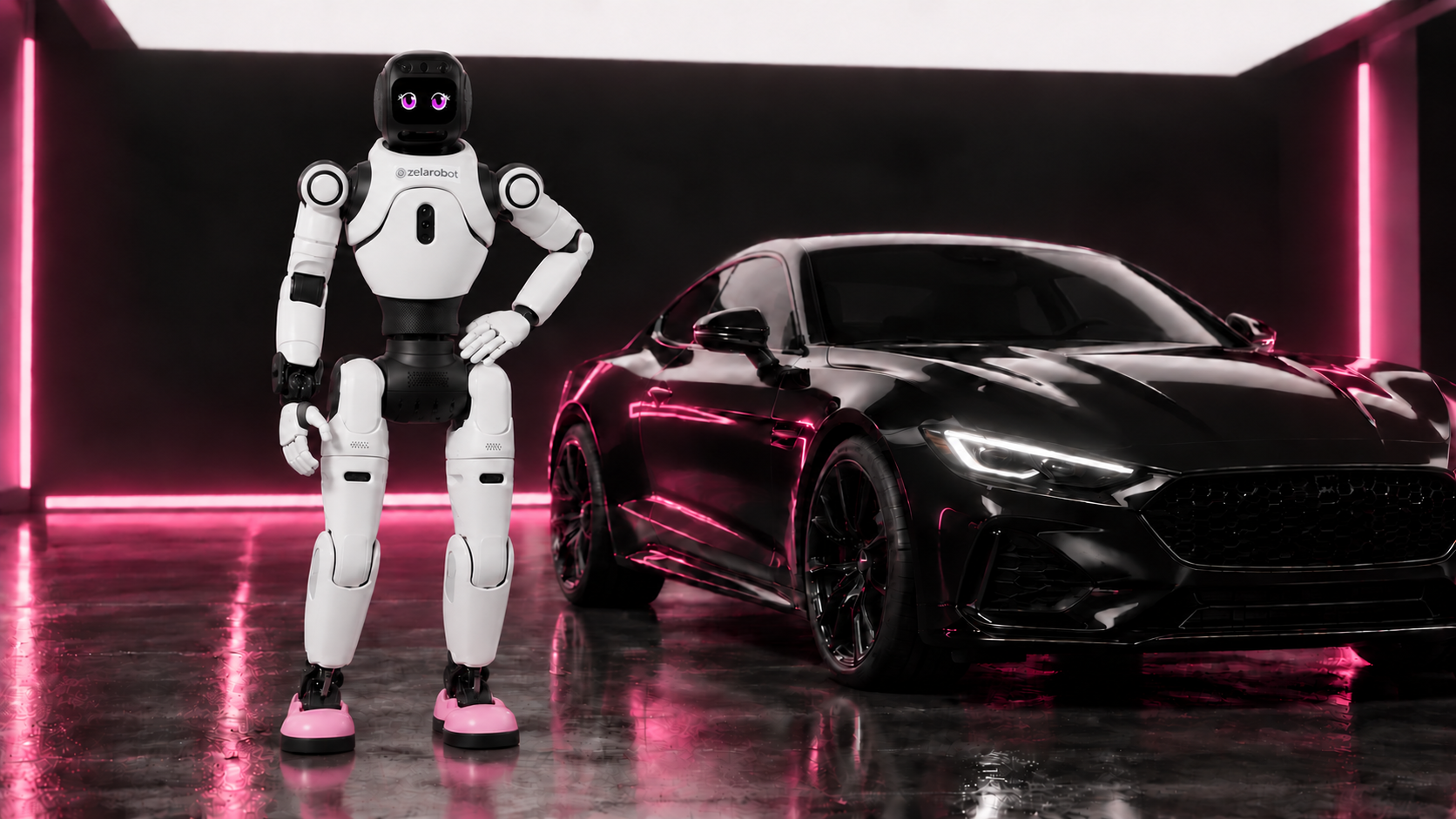 AI-generated creative concept: Zela beside a black luxury car