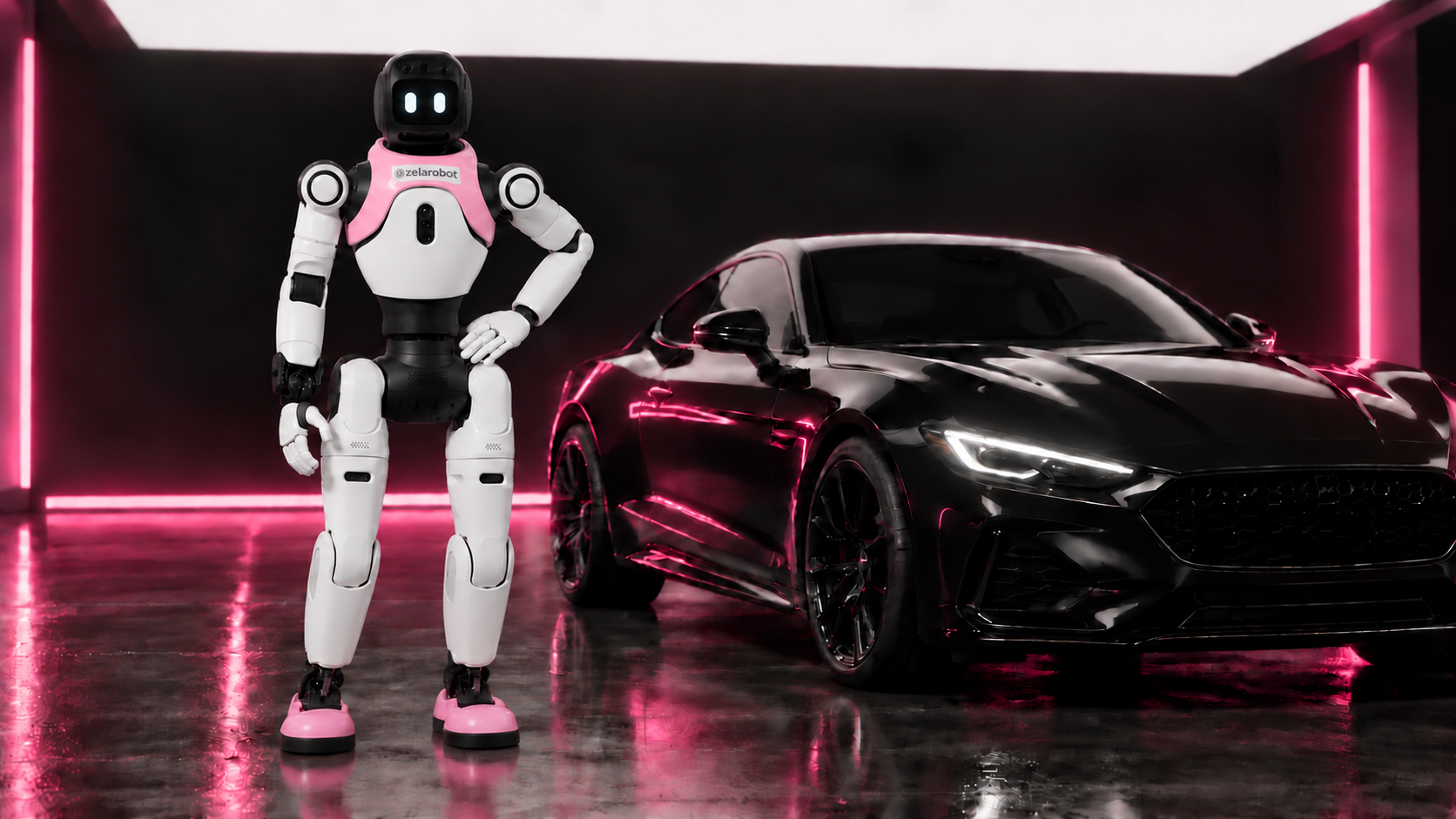 AI-generated creative concept: Zela beside a black luxury car