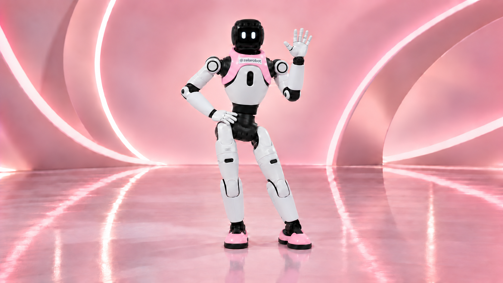 AI-generated concept portrait of Zela waving in a blush studio