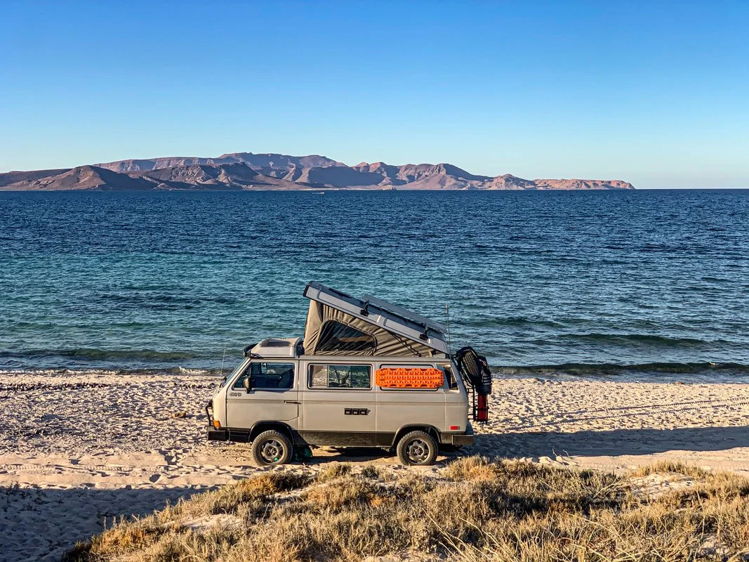 Miki camped beside the Sea of Cortez at Playa Tecolote